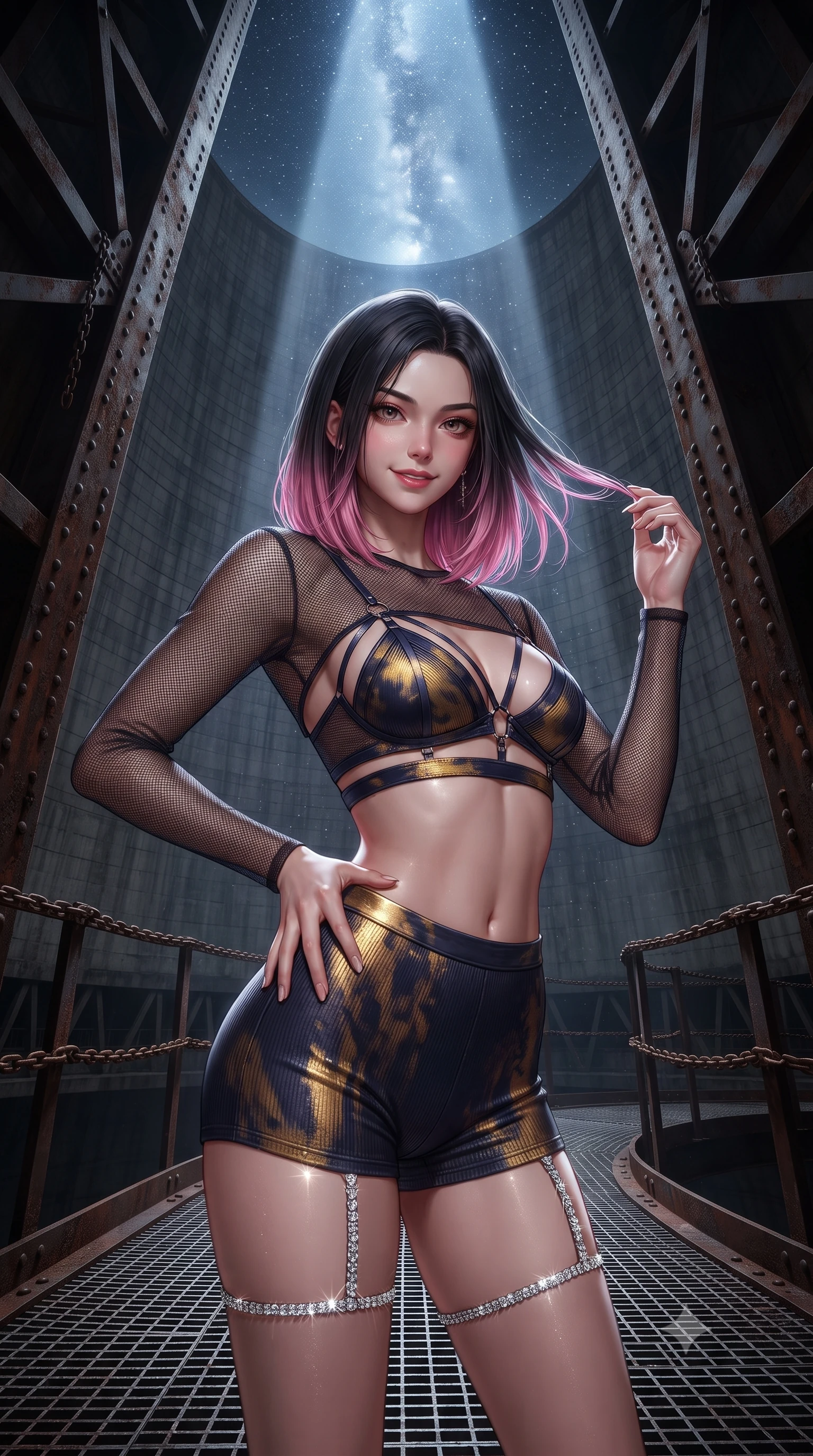 score_9, masterpiece, best quality, ultra-detailed, high-budget anime keyframe, editorial fashion photography, tasteful artistic composition, Korean woman. close-up cowboy shot from the waist and thighs up, the character dominates the composition, filling the frame with her large presence. twisting her slender torso in an alluring contrapposto stance, one hand resting on her sculpted hip while her fingers toy with her hair with effortless poise while standing centered on the circular metal catwalk inside the colossal hyperboloid cooling tower, arching her back toward the starry sky above. The surrounding environment is rendered in vivid detail and crisp panoramic clarity: sharp weathered concrete surface texture, riveted iron catwalk joints, and rusted chain links in deep focus. She has an exceptionally elegant, slender, and willowy female figure with an ultra-slim waist, flat toned midriff, narrow ribcage, and sculpted feminine hips creating an alluring, slim hourglass silhouette without bulk. sharp v-shaped jawline, high-bridge nose, sparkling eyes with hypnotic seductive depth, thick curled eyelashes, glossy parted lips with a natural dewy peach sheen, alluring bedroom-eyes with an enchanting coquettish smile, exuding magnetic siren charisma and sophisticated glamour, flawlessly proportioned anatomical accuracy, strict slender model proportions, natural body alignment, perfectly sculpted long slender limbs, ultra-slim waistline, clean dynamic posture without body distortion. wearing a delicate sheer mesh long-sleeve crop top layered over an opaque strappy tactical micro-bralette and tight shorts in molten liquid gold and midnight indigo, tailored from fine ribbed modal knit with gentle elastic contouring and soft hand-feel, finished with delicate crystal-encrusted thigh garter straps glinting under the lights, the precision-cut side openings and low-back scoop framing her graceful spine and the sensual sweep of her slim, toned hips. bathed in a dramatic shaft of celestial starlight and moonlight descending straight down the center of the tower. ultra-reflective glossy finish, specular highlights, rich textural contrasts, high-contrast stereoscopic depth, volumetric dynamic lighting, 2k, ultra detail, master piece, 9:16 ratio