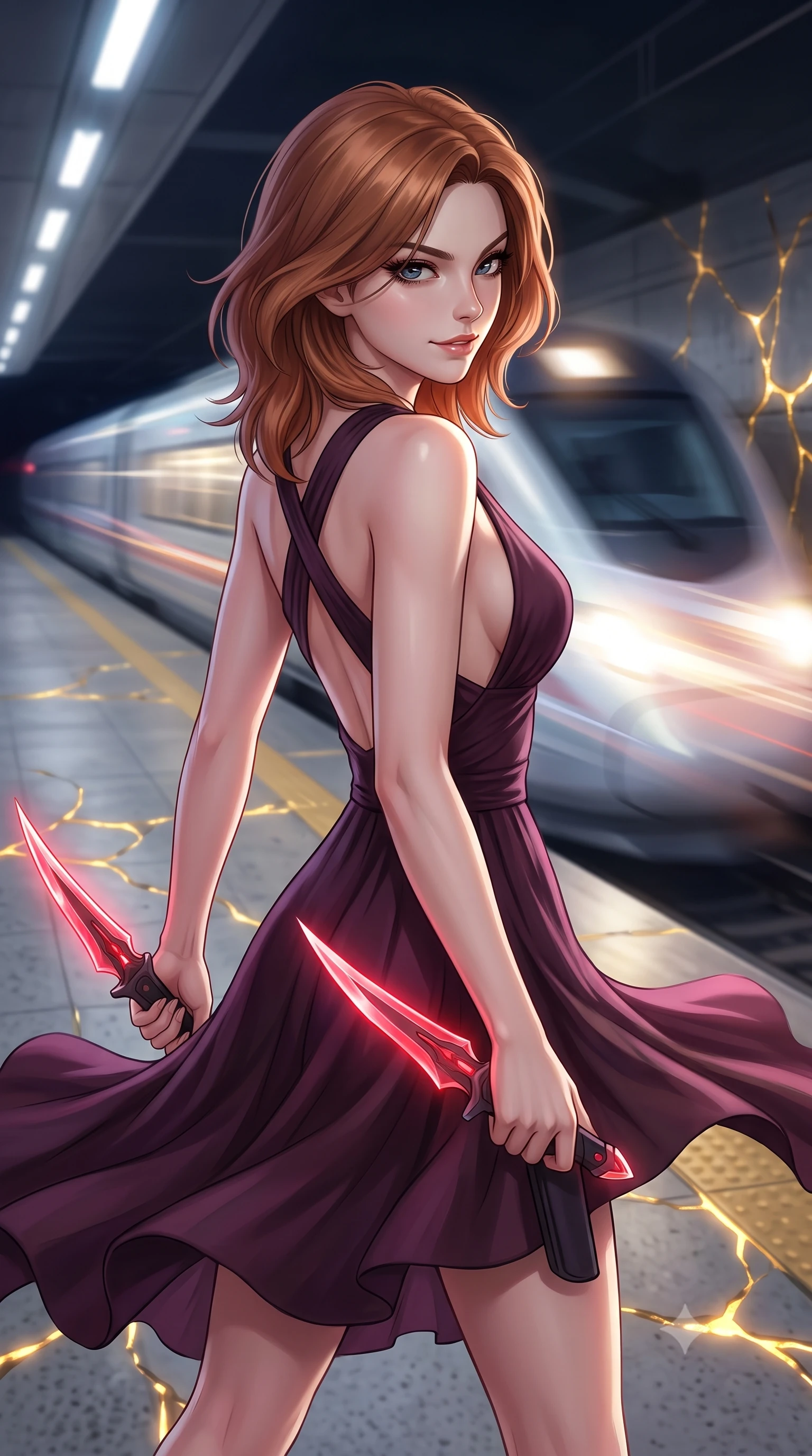 score_9, masterpiece, best quality, ultra-detailed, high-budget anime keyframe, editorial fashion photography, tasteful artistic composition, Korean woman. close-up cowboy shot from the waist and thighs up, the character dominates the composition, filling the frame with her large presence, background elements kept in soft focus. Drawing a twin set of energy daggers with a quiet, menacing smile and a sharp sidelong glare. set against a soft-focus background of an empty concrete subway platform, a high-speed train rushing past in a blur of wind and headlights. She has an exceptionally elegant and slender, willowy female figure with an ultra-slim waist, a gracefully sculpted slender torso, and a refined slim physique. sharp v-shaped jawline, high-bridge nose, intricate jewel-like eyes with depth, thick eyelashes, glossy lips with a natural sheen. wearing the lightweight fabric rippling and billowing dramatically with her movement, a slim-fit dark plum dress with a deep plunging V-neckline and a criss-cross strap back design. highly saturated vibrant anime colors, intense vivid color palette, soft 3D volumetric shading, volumetric dynamic lighting, glowing kintsugi gold light radiating from cracks in the environment creating a majestic inner glow. 2k, ultra detail, master piece, 9:16 ratio