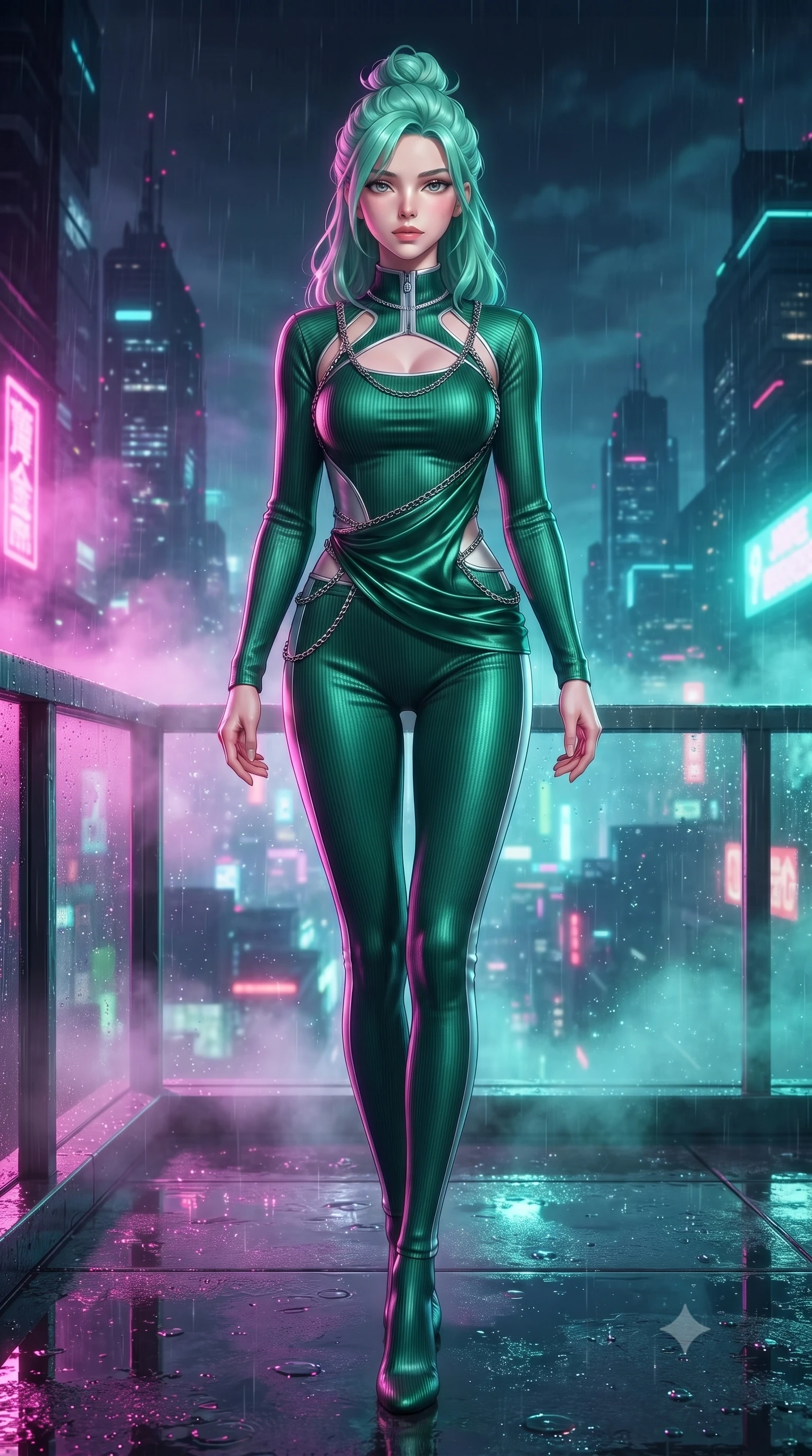 score_9, masterpiece, best quality, ultra-detailed, high-budget anime keyframe, editorial fashion photography, tasteful artistic composition, Japanese woman. low angle full-body shot from head to toe showing her feet, filling the entire 9:16 vertical frame with her statuesque presence, stretching her vertical silhouette. stepping forward with proud posture, filling the vertical frame with her magnetic presence poised on a rain-slicked balcony overlooking a glowing futuristic metropolis, soft mist scattering vibrant magenta and cyan neon rim light around her form. She has an absolutely perfect, statuesque 8.5-heads proportion, an exceptionally tall and slender model-like female figure with impossibly long slender legs and an ultra-slim waist. sharp v-shaped jawline, high-bridge nose, intricate jewel-like eyes with depth, thick eyelashes, glossy lips with a natural sheen. wearing a form-fitting ribbed activewear set with collar cutouts in deep emerald green and silver accent, crafted from lustrous satin jersey with fluid draping, adorned with delicate metallic chain straps along the neckline, the form-contouring material highlighting her ultra-slim waist and long lines. surrounded by a vibrant, atmospheric city glow with glistening raindrops. highly saturated vibrant anime colors, detailed shading with soft gradients, rich glossy textures, high-contrast stereoscopic depth, volumetric dynamic lighting, master piece, 9:16 ratio