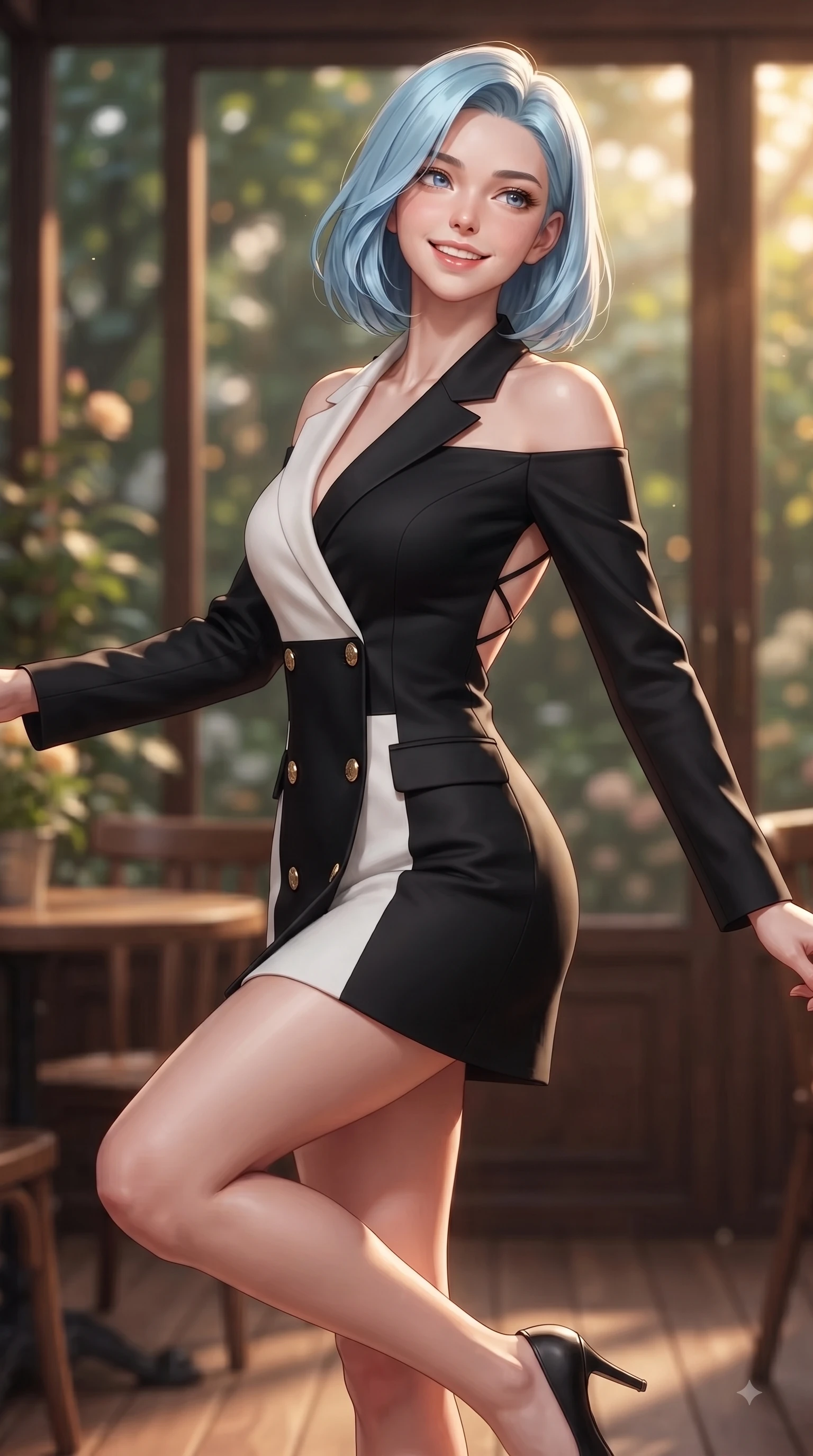 score_9, masterpiece, best quality, ultra-detailed, high-budget anime keyframe, editorial fashion photography, tasteful artistic composition, Korean woman. close-up cowboy shot from the waist and thighs up, the character dominates the composition, filling the frame with her large presence. Tilting her chin up with a sweet beaming smile of pure delight while balancing dynamically amidst the scene while pivoting gracefully on a secluded wooden cafe terrace enveloped by green garden foliage. The composition keeps background elements in soft focus with dreamy bokeh. garden leaves outside glass windows softened by gentle warm depth of field. She has an exceptionally elegant, slender, and willowy female figure with an ultra-slim waist, a gracefully sculpted slender torso, and a refined silhouette. sharp v-shaped jawline, high-bridge nose, intricate jewel-like eyes with depth, thick eyelashes, glossy lips with a natural sheen, flawlessly proportioned anatomical accuracy, natural body alignment, perfectly sculpted elegant limbs, clean dynamic posture without body distortion. wearing a sleek double-breasted blazer dress with gold button accents in sleek jet black and pure white contrast, knitted from soft cozy cashmere yarn, finished with delicate criss-cross back straps highlighting her bare shoulders, the sleek second-skin texture accentuating her magnetic presence. surrounded by a cozy, intimate, and relaxing cafe atmosphere. ultra-reflective glossy finish, specular highlights, metallic sheen, high-contrast stereoscopic depth, volumetric dynamic lighting, 2k, ultra detail, master piece, 9:16 ratio