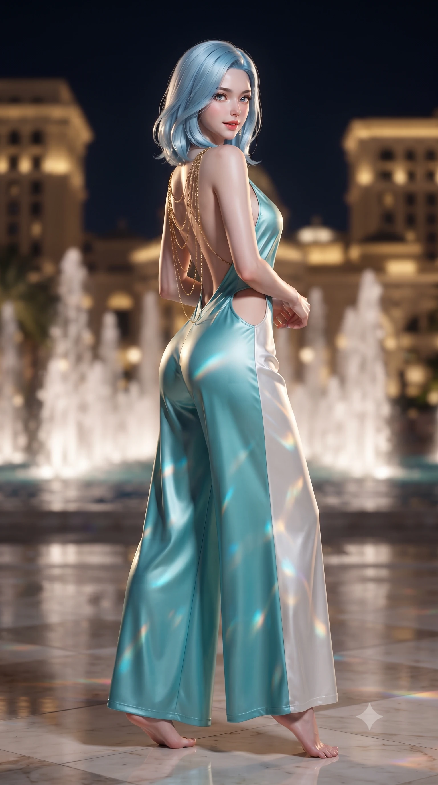score_9, masterpiece, best quality, ultra-detailed, high-budget anime keyframe, editorial fashion photography, tasteful artistic composition, Korean woman. low angle full-body shot from head to toe showing her feet, filling the entire 9:16 vertical frame with her statuesque presence, stretching her vertical silhouette. executing a slow, graceful pivot turn as her skirt sways around her slender legs, glancing back with an enchanting, teasing sensual expression while twisting her slender torso in an alluring contrapposto stance, vibrant fountain lights and golden palace facades reflecting off her silhouette. The background shows a soft-focus dancing fountain water jets softened in prestigious Riviera nocturnal shallow focus. She has an absolutely perfect, statuesque 8.5-heads proportion, an exceptionally tall and slender model-like female figure with impossibly long slender legs, an ultra-slim waist, a flat toned midriff, narrow delicate ribcage, and beautifully sculpted feminine hips creating a graceful, slim hourglass silhouette without any bulky heaviness. sharp v-shaped jawline, high-bridge nose, sparkling eyes with hypnotic seductive depth, thick curled eyelashes, glossy parted lips with a natural dewy peach sheen, alluring bedroom-eyes with an enchanting coquettish smile, exuding magnetic siren charisma and sophisticated glamour, flawlessly proportioned anatomical accuracy, strict slender model proportions, natural body alignment, perfectly sculpted long slender limbs, ultra-slim waistline, clean dynamic posture without body distortion. wearing a backless plunge-front silk satin jumpsuit with fluid wide-leg silhouette and side hip cutouts in Capri turquoise and pure pearl white, woven from buttery-soft stretch lambskin leather adhering to her body like a second skin, accented with an open-back drape framed by falling strands of delicate gold chains, the liquid-tight tailored fabric clinging flawlessly to her narrow waist and rounded feminine hips, emphasizing every millimeter of her sculpted slim hourglass curves without any bulky heaviness. illuminated by terrace marble reflection fill and sharp champagne-gold rim lights defining her delicate clavicles, ultra-slim waist, and curvy hips. ultra-reflective glossy finish, specular highlights, rich textural contrasts, high-contrast stereoscopic depth, volumetric dynamic lighting, 2k, ultra detail, master piece, 9:16 ratio