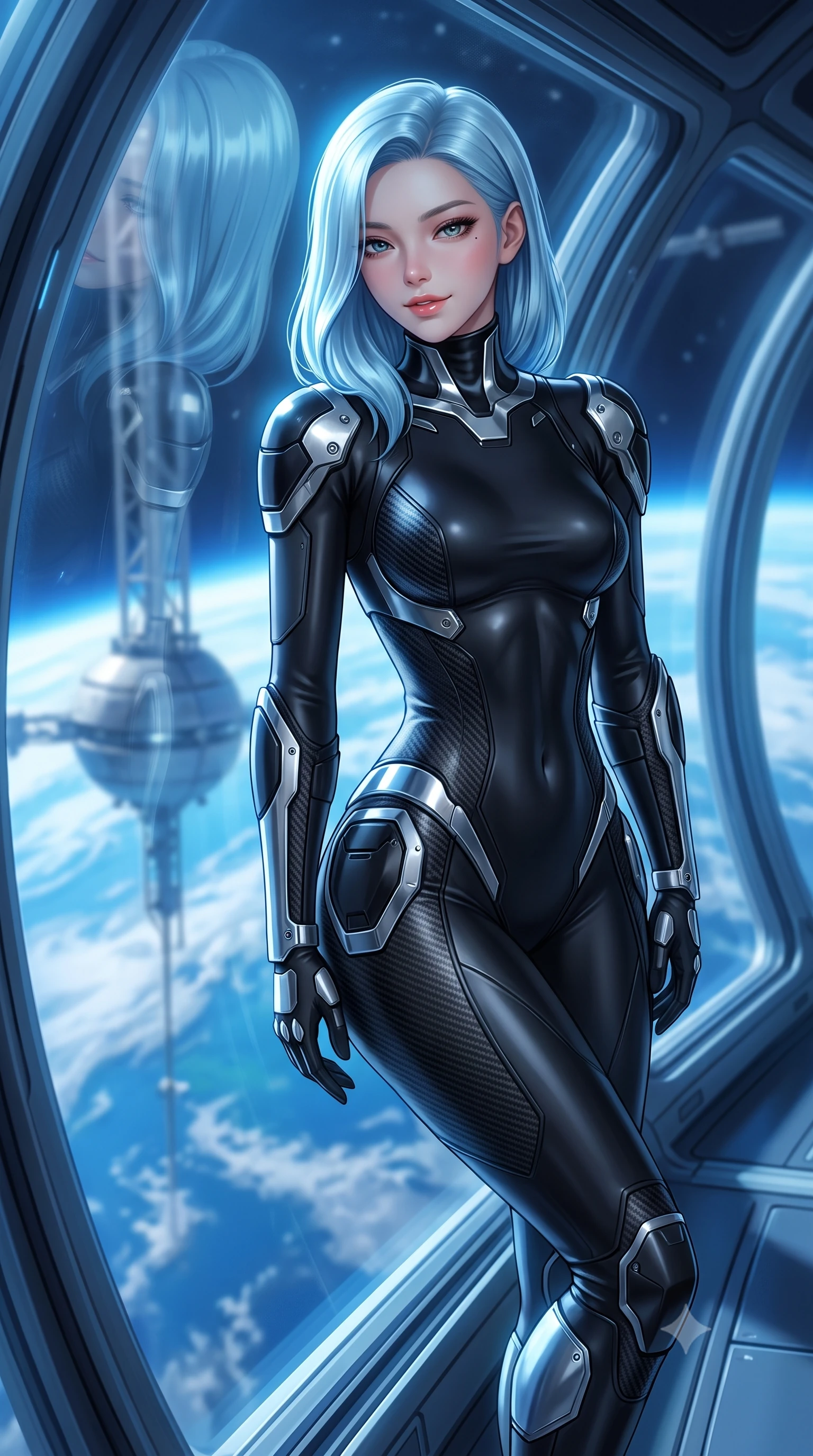 score_9, masterpiece, best quality, ultra-detailed, high-budget anime keyframe, semi-realistic 3D game render, editorial fashion photography, tasteful artistic composition, Korean woman. close-up cowboy shot from the waist and thighs up, the character dominates the composition, filling the frame with her large presence. turning slowly with a smoldering smile, her sleek hair catching the cockpit HUD rim light as her hips angle gracefully in a captivating contrapposto while leaning against the curved panoramic observation glass with hips cocked back, casting an alluring bedroom-gaze over the curving blue planet. The background shows a soft-focus massive tether climber pods arriving at the dock softened in epic space infrastructure shallow focus. She has an exceptionally elegant, slender, and willowy female figure with an ultra-slim waist, flat toned midriff, narrow ribcage, and sculpted feminine hips creating an alluring, slim hourglass silhouette without bulk. sharp v-shaped jawline, high-bridge nose, intricate jewel-like sparkling eyes with depth, thick eyelashes, glossy parted lips with a natural sheen, bright confident smile with an enchanting and coquettish sensual glint, exuding both youthful magnetic charm and sovereign high-tech allure, flawlessly proportioned anatomical accuracy, strict slender model proportions, natural body alignment, perfectly sculpted long slender limbs, ultra-slim waistline, clean dynamic posture without body distortion. wearing a form-contouring cybernetic combat suit in matte black latex and carbon fiber, tracing her willowy silhouette with a high neck in liquid chrome silver and pitch black, formed from supple thermal silicone composite adhering seamlessly like a second skin, accented with strategically placed chrome armor plate guards covering key curves, the aerodynamic second-skin silhouette tightly following the natural contour of her hips and long slender legs with youthful 8.5-heads elegance. bathed in magnificent blue Earth-shine cascading through colossal panoramic viewing windows. highly saturated vibrant anime colors, detailed shading with soft gradients, rich glossy textures, high-contrast stereoscopic depth, volumetric dynamic lighting, master piece, 9:16 ratio