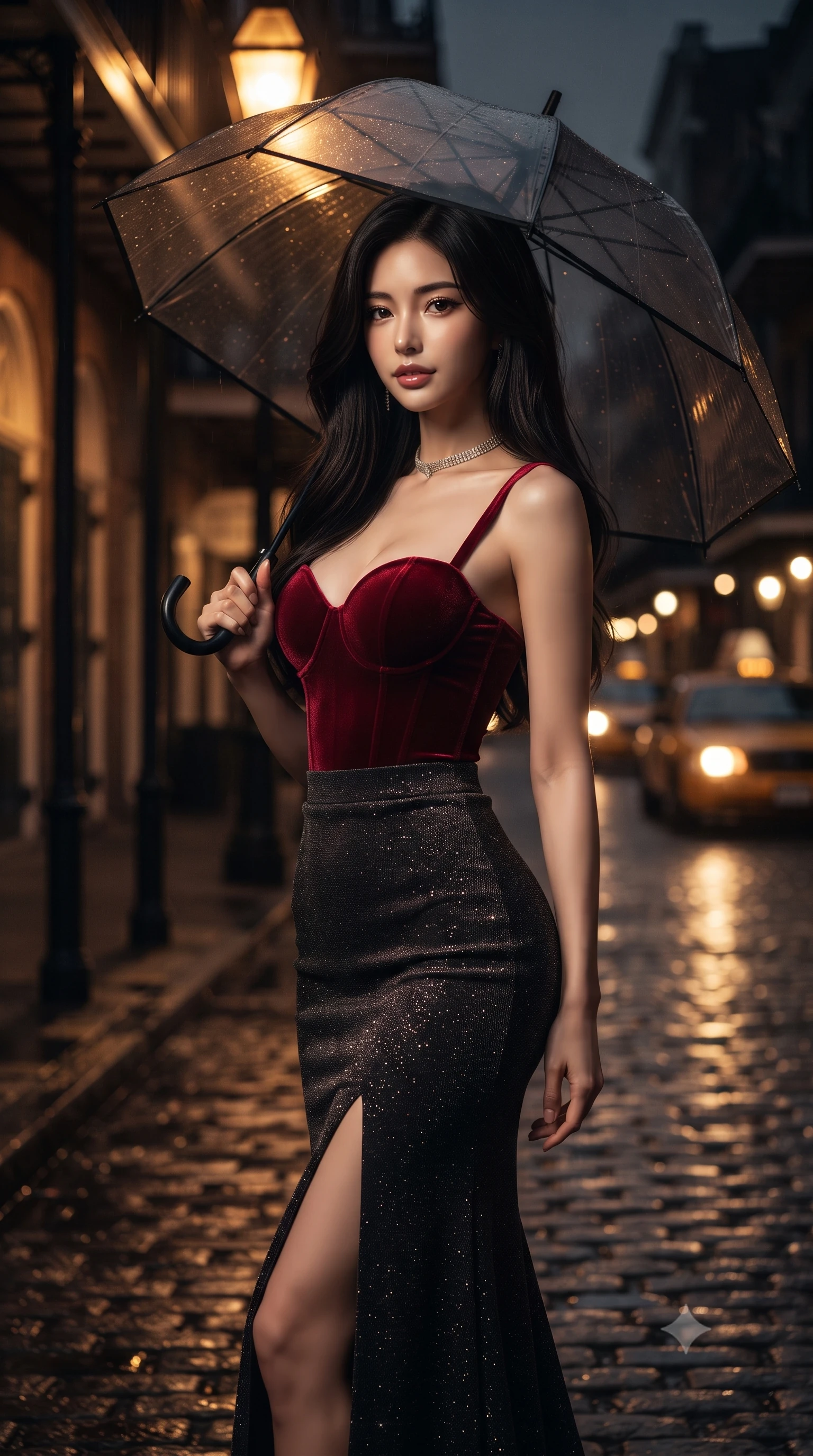 score_9, masterpiece, best quality, ultra-detailed, high-budget anime keyframe, editorial fashion photography, tasteful artistic composition, Japanese woman. close-up cowboy shot from the waist and thighs up, the character dominates the composition, filling the frame with her large presence. turning slowly with a smoldering smile, her glossy dark hair catching the amber chandelier rim light as her hips angle gracefully in a captivating contrapposto while striding down the wet cobblestone street beneath a transparent black vinyl umbrella, hips swaying in an alluring kinetic rhythm that accentuates her curvaceous hourglass silhouette. The composition keeps background elements in soft focus with dreamy creamy bokeh. historic cast-iron awnings, glowing boutique gaslamps, and distant yellow taxi headlights blurred into moody amber, bronze, and charcoal bokeh. She has an exceptionally elegant, slender, and willowy female figure with an ultra-slim waist, flat toned midriff, narrow ribcage, and sculpted feminine hips creating an alluring, slim hourglass silhouette without bulk. sharp v-shaped jawline, high-bridge nose, intricate jewel-like dark sparkling eyes with dangerous depth, thick curled eyelashes, glossy parted lips with a rich wine sheen, smoldering seductive half-smile with bedroom-eyes, exuding effortless superiority and intoxicating dark allure, flawlessly proportioned anatomical accuracy, strict slender model proportions, natural body alignment, perfectly sculpted long slender limbs, ultra-slim waistline, clean dynamic posture without body distortion. wearing a sweetheart-neckline velvet bustier paired with a curve-hugging high-slit mermaid maxi skirt in ruby crimson and muted shadow black, woven from metallic lurex thread casting subtle starlight glints across the fabric, finished with a delicate diamond choker catching the chandelier light, the glove-like silhouette tightly following the natural contour of her hips and long slender legs with youthful 8.5-heads elegance. bathed in the warm nostalgic glow of gaslamp lanterns casting rich amber light from above. ultra-reflective glossy finish, specular highlights, rich textural contrasts, high-contrast stereoscopic depth, volumetric dynamic lighting, 2k, ultra detail, master piece, 9:16 ratio