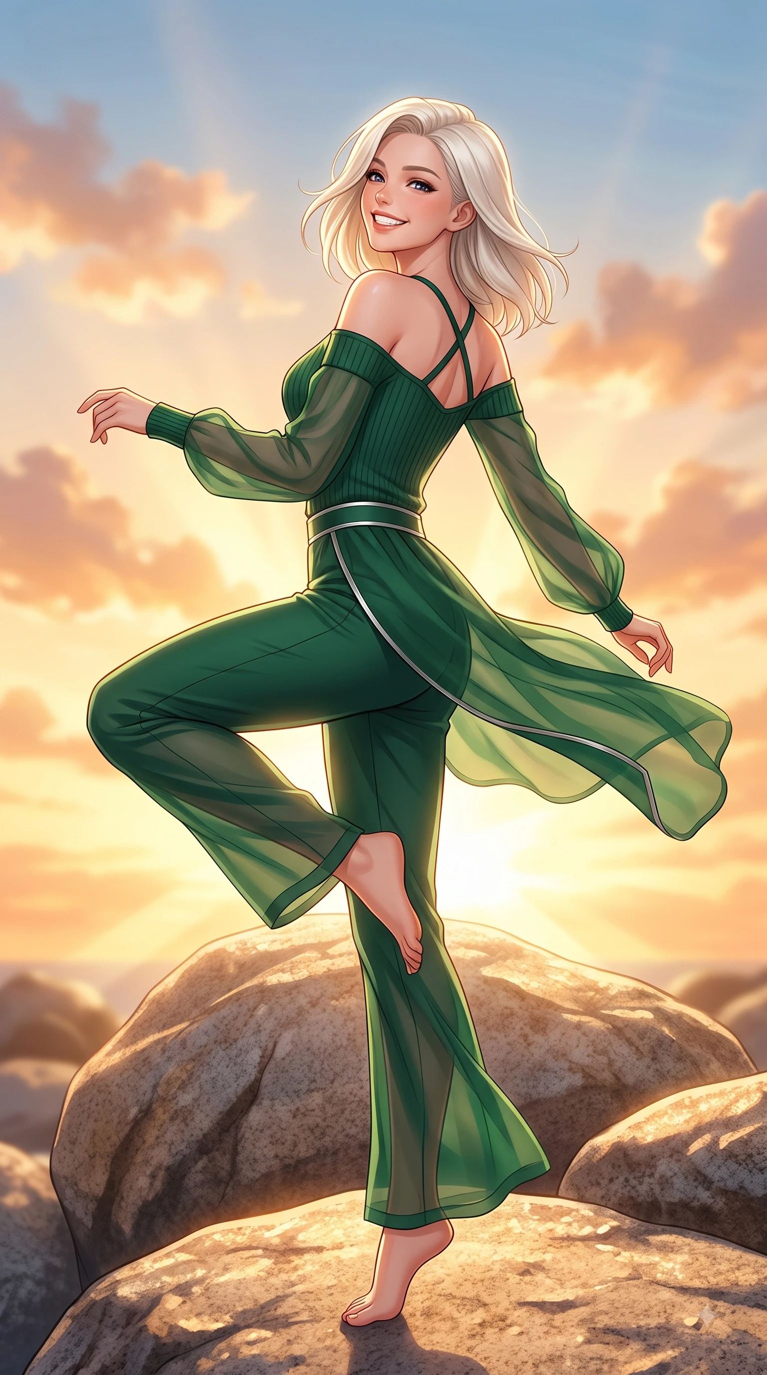 score_9, masterpiece, best quality, ultra-detailed, high-budget anime keyframe, editorial fashion photography, tasteful artistic composition, Caucasian woman. close-up cowboy shot from the waist and thighs up, the character dominates the composition, filling the frame with her large presence, background elements kept in soft focus. Tilting her chin up with a beaming smile of pure delight while balancing dynamically amidst the scene while pivoting gracefully on a sun-drenched granite sea boulder with a beaming happy expression, warm tropical sea breeze fluttering lightweight linen garments in fluid joyful motions. She has an exceptionally elegant, slender, and willowy female figure with an ultra-slim waist, a gracefully sculpted slender torso, and a refined silhouette. sharp v-shaped jawline, high-bridge nose, intricate jewel-like eyes with depth, thick eyelashes, glossy lips with a natural sheen, flawlessly proportioned anatomical accuracy, natural body alignment, perfectly sculpted elegant limbs, clean dynamic posture without body distortion. wearing a sleek off-shoulder ribbed knit top paired with high-waist tailored pants in deep emerald green and silver accent, woven from fine semi-opaque sheer organza, complemented by criss-cross back straps highlighting her bare shoulders, the tailored fabric tightly following every curve of her athletic build. illuminated by a glorious golden hour sunburst painting the clouds in joyful peach and amber. highly saturated vibrant anime colors, detailed shading with soft gradients, rich glossy textures, high-contrast stereoscopic depth, volumetric dynamic lighting, master piece, 9:16 ratio