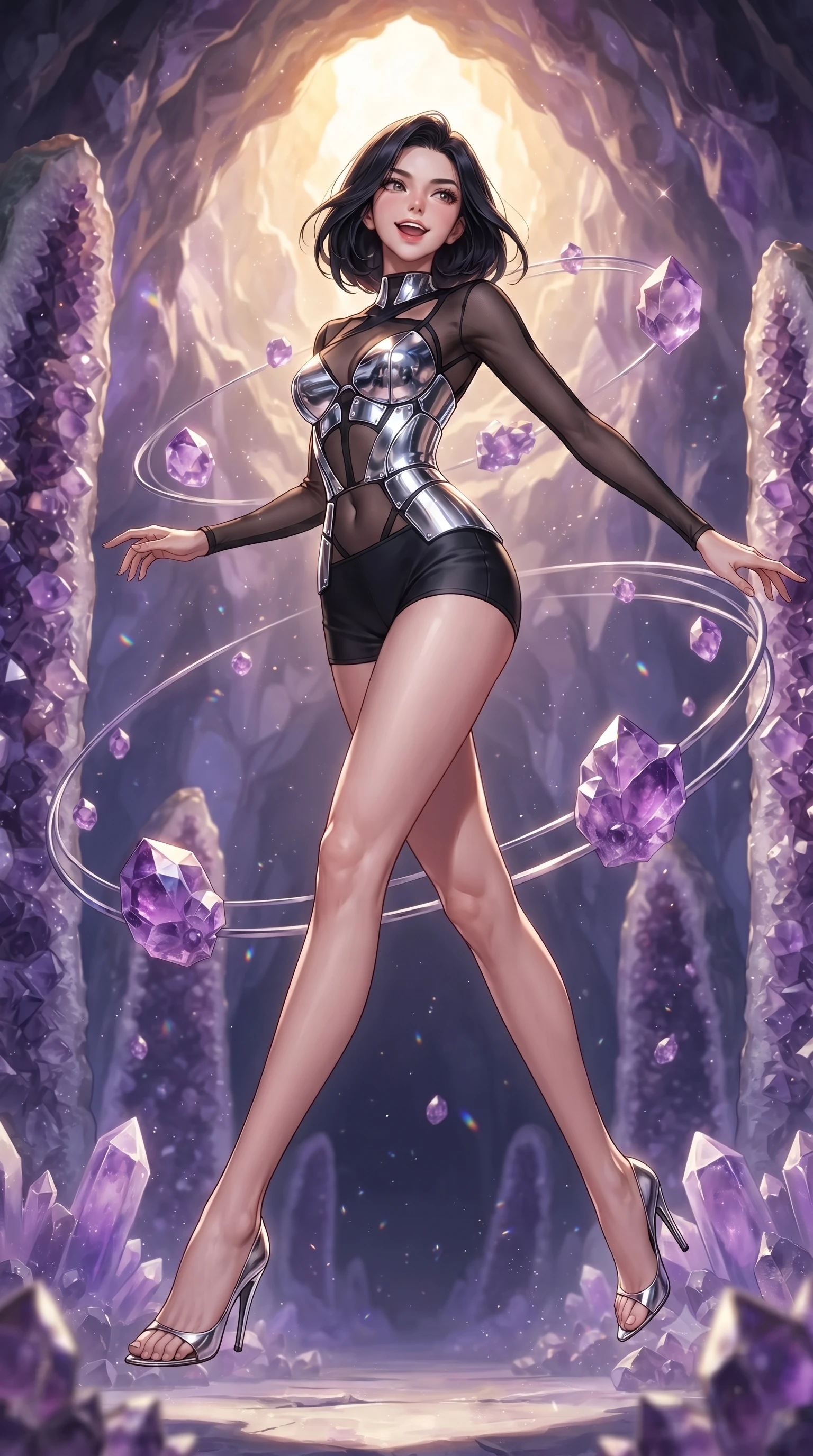 score_9, masterpiece, best quality, ultra-detailed, high-budget anime keyframe, editorial fashion photography, tasteful artistic composition, Korean woman. low angle full-body shot from head to toe showing her feet, filling the entire 9:16 vertical frame with her statuesque presence, stretching her vertical silhouette. leaping gracefully through the environment with statuesque elegance and long slender legs standing inside a breathtaking cavern lined with massive amethyst geode pillars, floating amethyst clusters drifting in smooth circular orbits. She has an absolutely perfect, statuesque 8.5-heads proportion, an exceptionally tall and slender model-like female figure with impossibly long slender legs and an ultra-slim waist. sharp v-shaped jawline, high-bridge nose, intricate jewel-like eyes with depth, thick eyelashes, glossy lips with a natural sheen. wearing a chrome-plated structured bodice worn over a sheer mesh top and micro-shorts in matte black and polished silver, woven from fine semi-opaque sheer organza, featuring subtle geometric cutouts that highlight her ultra-slim midriff, the sleek second-skin texture accentuating her magnetic presence. lit by warm golden sunlight colliding with cool violet crystal illumination. ultra-reflective glossy finish, specular highlights, metallic sheen, high-contrast stereoscopic depth, volumetric dynamic lighting, 2k, ultra detail, master piece, 9:16 ratio