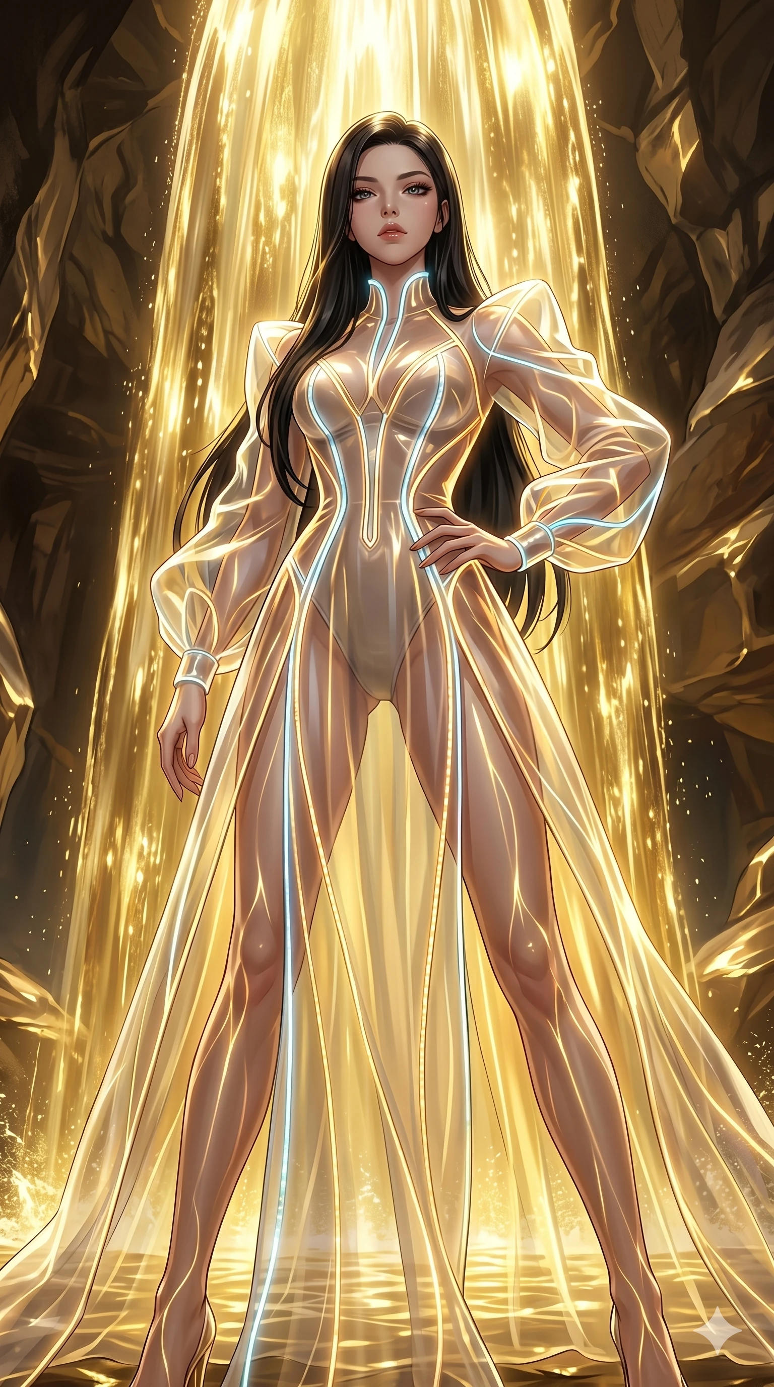 score_9, masterpiece, best quality, ultra-detailed, High-budget Anime Keyframe, East Asian woman. Low angle cowboy shot filling the entire 9:16 frame with her statuesque presence. Scenario 9: Standing under a waterfall of liquid gold, the artistic light reflections on her silhouette. Her presence is magnetic and overpowering in this high-budget anime scene. Outfit 9: A translucent organza translucent with a elegant high-fashion silhouette and glowing LED seams. The clothing is designed to emphasize her exceptionally tall and slender 8-heads proportion. 8-heads proportion, towering silhouette, ultra-slim waist. sharp v-shaped jawline, intricate jewel-like eyes with depth, thick eyelashes, glossy lips. 2k, ultra detail, master piece, 9:16 ratio