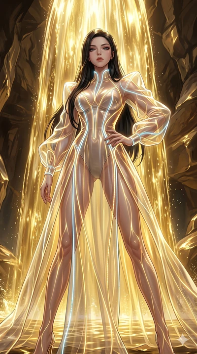 score_9, masterpiece, best quality, ultra-detailed, High-budget Anime Keyframe, East Asian woman. Low angle cowboy shot filling the entire 9:16 frame with her statuesque presence. Scenario 9: Standing under a waterfall of liquid gold, the artistic li