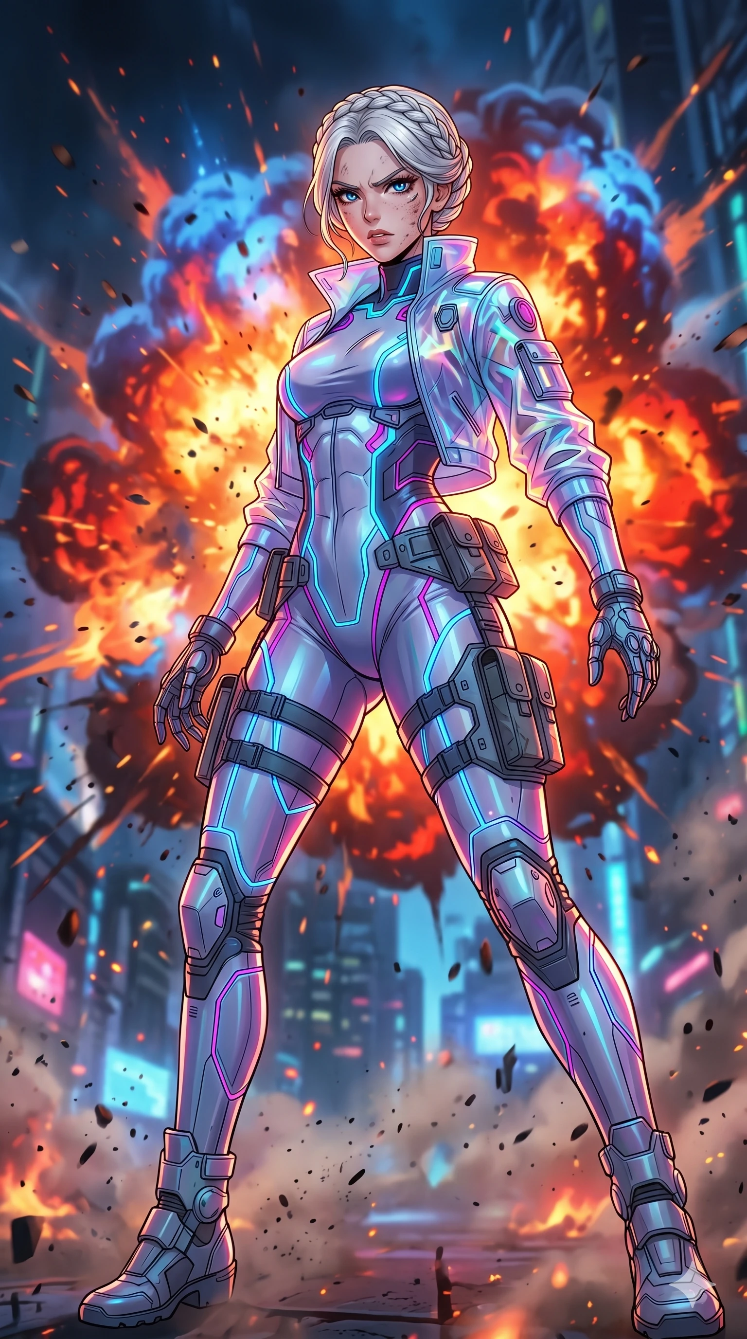 score_9, masterpiece, best quality, ultra-detailed, high-budget anime movie keyframe, cinematic anime lighting, intricate line art, Japanese woman. Low angle cowboy shot capturing a powerful motion and statuesque presence. reeling back from an explosion with a look of fierce determination. She has an absolutely perfect 8-heads proportion, an exceptionally tall and slender female figure with graceful and slender proportions. strictly human anatomy, two legs only, no extra limbs, clearly defined legs and arms, perfect anatomy, perfect hands and fingers. sharp v-shaped jawline, high-bridge nose, intricate jewel-like eyes, thick eyelashes, glossy lips. Wearing Tech-Fantasy: Cybernetic tech-suit with glowing seams, translucent jacket over a bodysuit, and modular tactical gear. The scene is illuminated by dramatic atmospheric lighting and vibrant color palettes. , 2k, ultra detail, master piece, 9:16 ratio