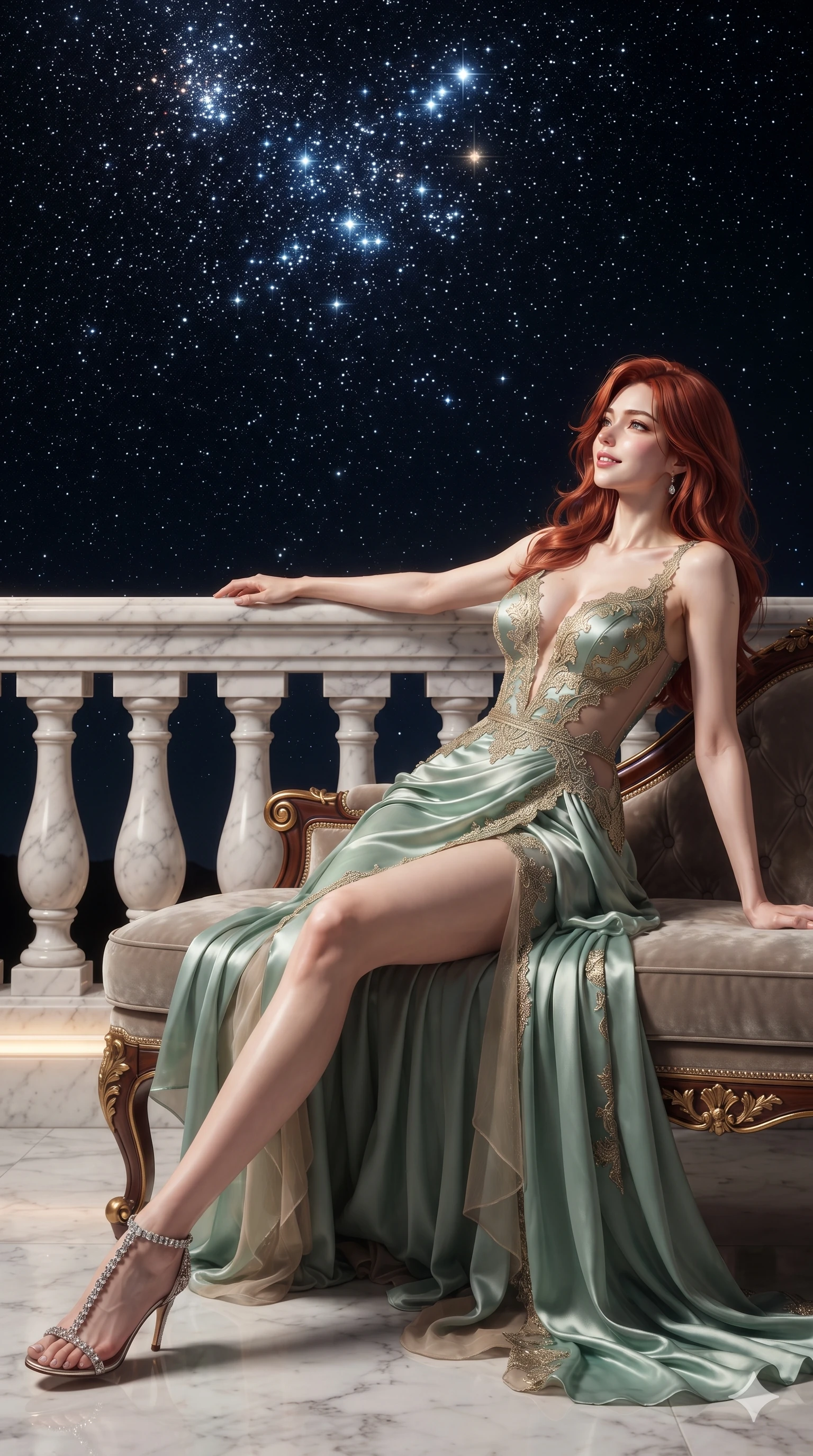 score_9, masterpiece, best quality, ultra-detailed, high-budget anime keyframe, editorial fashion photography, tasteful artistic composition, Korean woman. low angle full-body shot from head to toe showing her feet, filling the entire 9:16 vertical frame with her statuesque presence, stretching her vertical silhouette. reclining gracefully across the plush chaise lounge with one leg extended, her sculpted silhouette and flat midriff radiating magnetic nocturnal glamour while leaning against the carved marble balustrade with hips cocked back, looking through the deep midnight void at dense star clusters with intoxicating smoldering bedroom-eyes. The surrounding environment is rendered in vivid detail and crisp panoramic clarity: detailed evening dress tailoring, fine metallic lace trim, and monumental neoclassical celestial architecture in high resolution. She has an exceptionally tall and slender model-like 8.5-heads proportion, an ultra-slim waist, a flat toned midriff, narrow delicate ribcage, and beautifully sculpted feminine hips creating a graceful, slim hourglass silhouette without any bulky heaviness, with impossibly long slender legs. sharp v-shaped jawline, high-bridge nose, intricate jewel-like sparkling eyes with depth, thick eyelashes, glossy parted lips with a natural peach sheen, bright cheerful beaming smile with an enchanting and coquettish sensual glint, exuding both youthful cute charm and seductive allure, flawlessly proportioned anatomical accuracy, strict slender model proportions, natural body alignment, perfectly sculpted long slender limbs, ultra-slim waistline, clean dynamic posture without body distortion. wearing an alluring plunging sweetheart bodice dress with sheer mesh side-waist cutouts contouring her ribs in celadon jade and antique gold-leaf, featuring strategic sheer-illusion tulle side panels framing her ribcage and hips, finished with scalloped eyelash lace trim framing her sweetheart neckline with intimate elegance, the bespoke structured tailoring following the natural line of her 8.5-heads silhouette with refined elegance. bathed in the unpolluted brilliant diamond sparkle of deep space starlight mixed with soft warm 2800K balcony edge lighting. ultra-reflective glossy finish, specular highlights, rich textural contrasts, high-contrast stereoscopic depth, volumetric dynamic lighting, 2k, ultra detail, master piece, 9:16 ratio