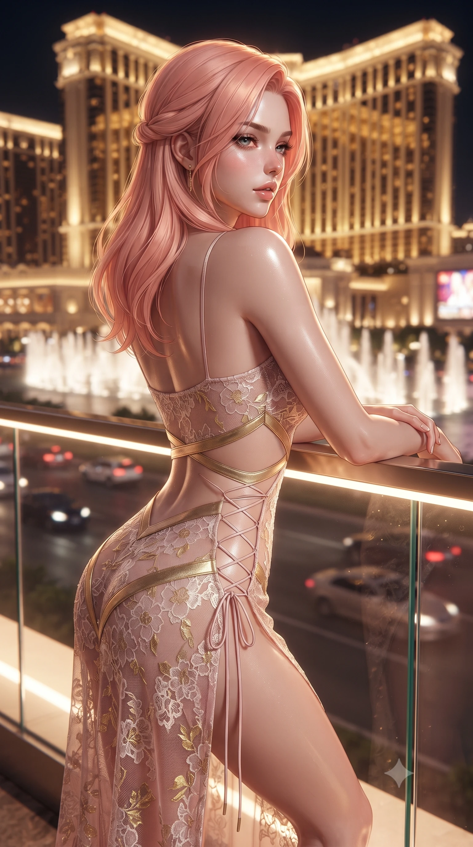 score_9, masterpiece, best quality, ultra-detailed, high-budget anime keyframe, editorial fashion photography, tasteful artistic composition, Japanese woman. close-up cowboy shot from the waist and thighs up, the character dominates the composition, filling the frame with her large presence. leaning back against the balustrade with relaxed seductive grace, head tilted back slightly while casting a hypnotic, heavy-lidded gaze while leaning against the illuminated glass balustrade with hips cocked back, looking over a bare shoulder toward glittering palatial casino towers. The background shows a soft-focus the colossal illuminated golden facades of Cotai Strip casino palaces, moving traffic, and fountains blurred into champagne, ruby, and amber bokeh. She has an exceptionally elegant, slender, and willowy female figure with an ultra-slim waist, flat toned midriff, narrow ribcage, and sculpted feminine hips creating an alluring, slim hourglass silhouette without bulk. sharp v-shaped jawline, high-bridge nose, sparkling eyes with hypnotic seductive depth, thick curled eyelashes, glossy parted lips with a natural dewy peach sheen, alluring bedroom-eyes with an enchanting coquettish smile, exuding magnetic siren charisma and sophisticated glamour, flawlessly proportioned anatomical accuracy, strict slender model proportions, natural body alignment, perfectly sculpted long slender limbs, ultra-slim waistline, clean dynamic posture without body distortion. wearing a provocative sheer illusion mesh gown with liquid gold ribbons contouring her flat midriff and curvaceous hips in delicate blush peony pink and antique white lace with gold leaf, woven from stretch metallic lurex jersey casting radiant starlight glints across her silhouette, featuring fine criss-cross lace-up side ties revealing tantalizing glimpses of her hip curve, the high-slit wrap tailoring accentuating her ultra-slim waistline and the enchanting curve of her feminine hips with alluring seductive charm. illuminated by city neon reflection bounce and sharp platinum-gold rim lights defining her delicate clavicles, narrow waist, and curvy hips. ultra-reflective glossy finish, specular highlights, rich textural contrasts, high-contrast stereoscopic depth, volumetric dynamic lighting, 2k, ultra detail, master piece, 9:16 ratio