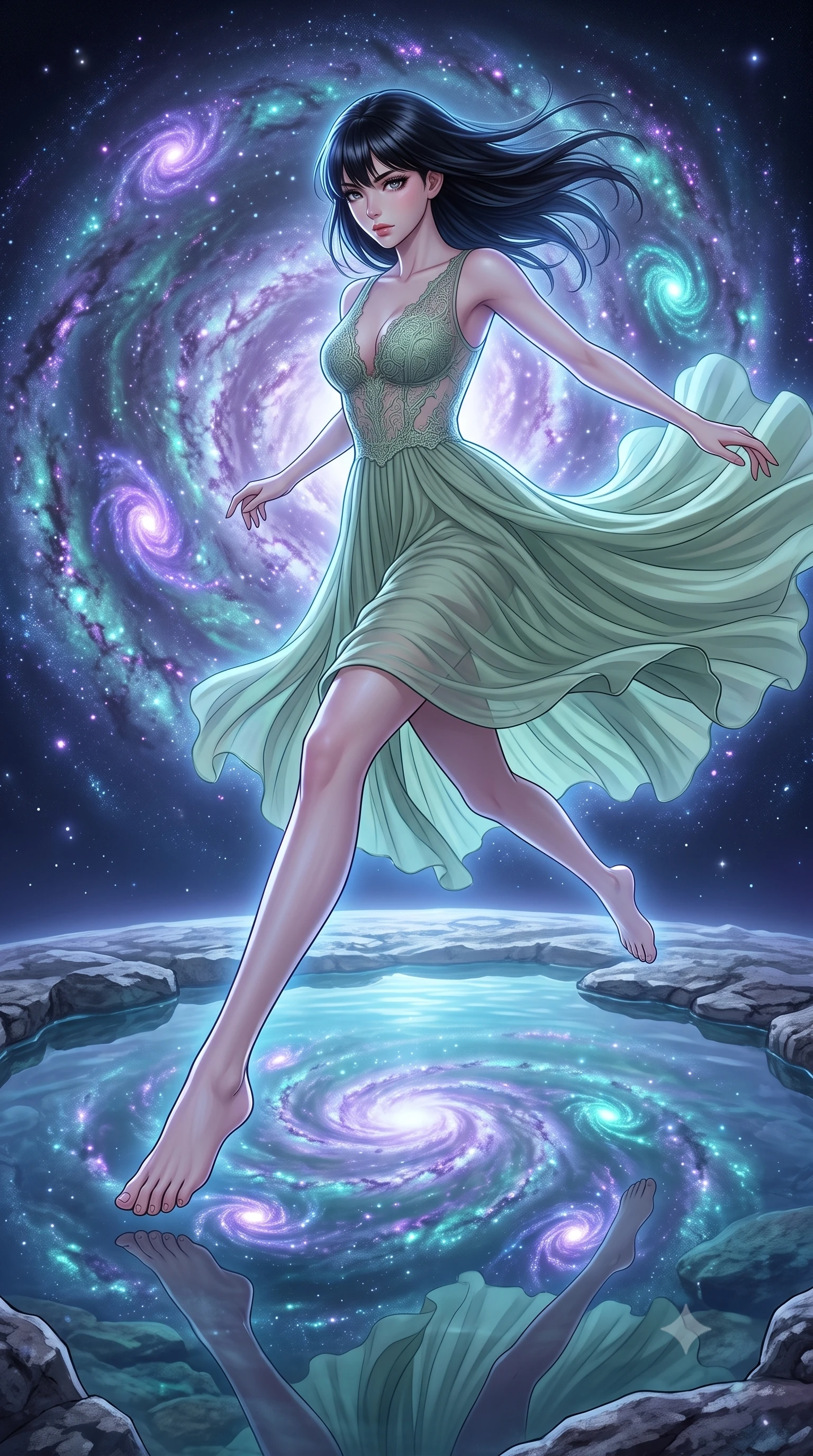 score_9, masterpiece, best quality, ultra-detailed, high-budget anime keyframe, editorial fashion photography, tasteful artistic composition, Caucasian woman, strictly human ears. low angle full-body shot from head to toe showing her feet, filling the entire 9:16 vertical frame with her statuesque presence, stretching her vertical silhouette. vaulting dynamically through a natural rock pool at the very edge of a spiral galaxy where cosmic gases collect in swirling bioluminescent patterns of violet and teal galaxies reflected in the still luminous surface. She has a statuesque 8.5-heads proportion, an exceptionally tall, slender and willowy model-like build with impossibly long legs and a highly sculpted ultra-slim waist. sharp v-shaped jawline, high-bridge nose, intricate jewel-like eyes with depth, thick eyelashes, glossy lips with a natural sheen. wearing a flowing midi dress in sage green featuring a sheer lace-overlay bodice and a soft pleated chiffon skirt. cool ethereal blue-violet bioluminescent glow wrapping around her from all sides. 2k, ultra detail, master piece, 9:16 ratio