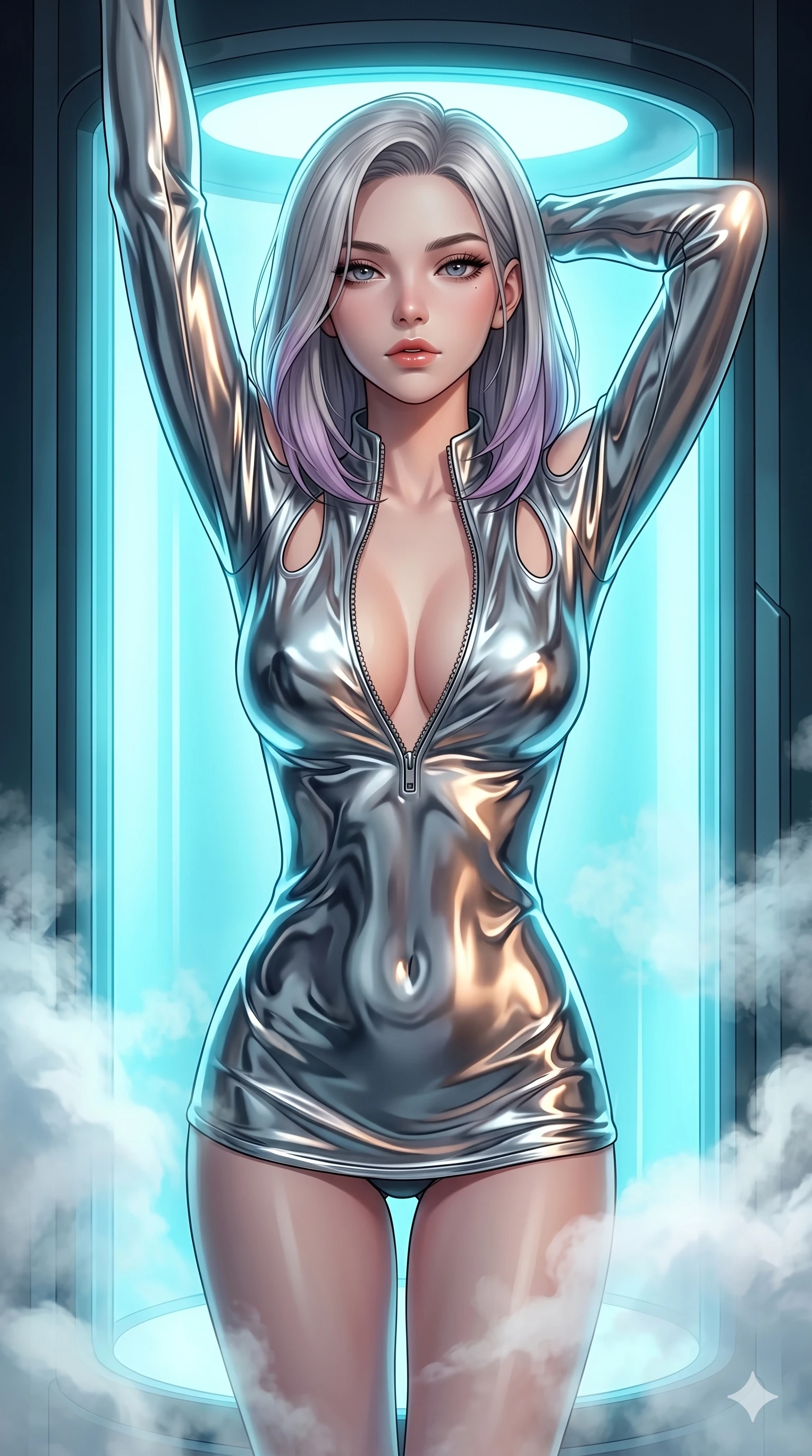 score_9, masterpiece, best quality, ultra-detailed, high-budget anime keyframe, editorial fashion photography, tasteful artistic composition, Caucasian woman, strictly human ears. Upper body close-up from the thighs up, character filling the screen for maximum presence. She is stepping out of a glowing cryo-chamber filled with evaporating white volumetric steam. She stretches her arms with a sultry, waking-up expression. She has an absolutely perfect 8-heads proportion, an exceptionally tall and slender female figure with impossibly long slender legs and an ultra-slim waist. V-shaped jawline, high-bridge nose, intricate jewel-like eyes with depth, thick eyelashes, glossy lips with a natural sheen. She is wearing a form-fitting top made of molten liquid-mercury fabric that clings to her curves, with strategic tear-drop shoulder cutouts and a dangerously unzipped front collar. The scene is illuminated by intense cyan backlighting from the chamber and a warm white key light. 2k, ultra detail, master piece, 9:16 ratio