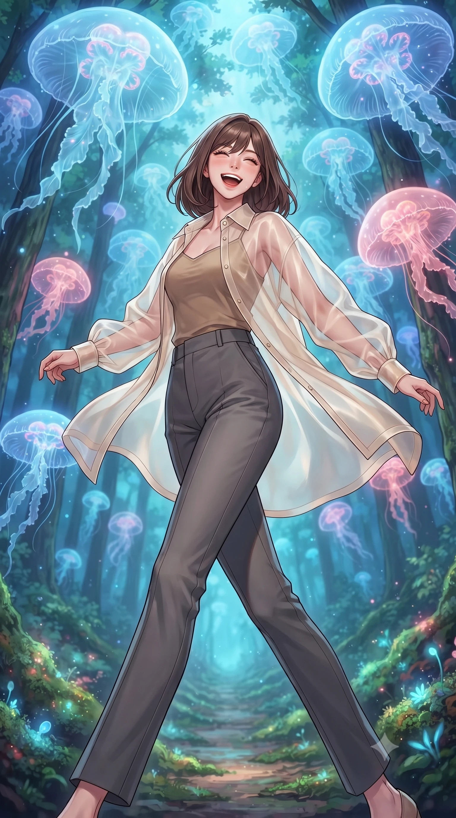 score_9, masterpiece, best quality, ultra-detailed, high-budget anime keyframe, editorial fashion photography, tasteful artistic composition, gorgeous anime illustration, with clean line-art, distinct ink outlines, and high-contrast stereoscopic depth, Korean woman. low angle full-body shot from head to toe showing her feet, filling the entire 9:16 vertical frame with her statuesque presence, stretching her vertical silhouette. twirling with a bright, delighted laugh inside walking along a forest path under a canopy of giant floating jellyfish-like creatures that drift between trees, emitting soft pink and blue light. She has a statuesque 8.5-heads proportion, an exceptionally tall, slender and willowy model-like build with impossibly long legs and a highly sculpted ultra-slim waist. sharp v-shaped jawline, high-bridge nose, intricate jewel-like eyes with depth, thick eyelashes, glossy lips with a natural sheen. wearing a semi-transparent cream organza oversized shirt layered naturally over a tan-colored camisole top, paired with tailored trousers. cool blue and soft pink light from the floating creatures wrapping the forest path in a magical bioluminescent glow. 2k, ultra detail, master piece, 9:16 ratio, highly saturated vibrant anime colors, detailed cel-shading with soft gradients, rich glossy textures, deep contrast, volumetric dynamic lighting, 2d animation style