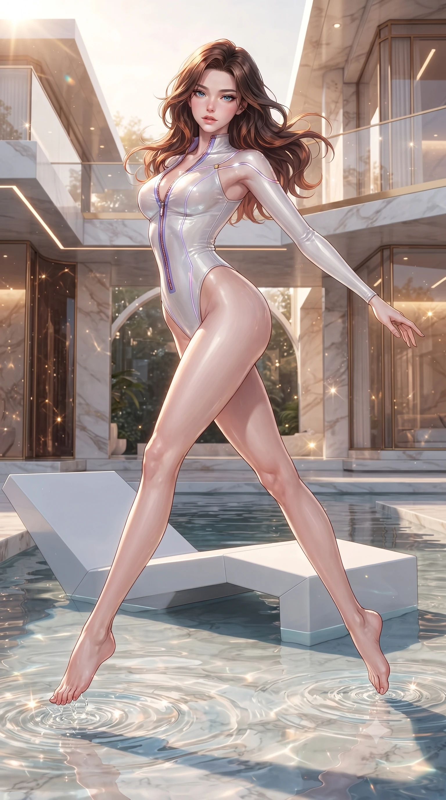 score_9, masterpiece, best quality, ultra-detailed, high-budget anime keyframe, editorial fashion photography, tasteful artistic composition, Korean woman. low angle full-body shot from head to toe showing her feet, filling the entire 9:16 vertical frame with her statuesque presence, stretching her vertical silhouette. leaping through mid-air with an athletic yet alluring arch of her spine, her impossibly long slender legs stretched in flawless poise while lounging gracefully on a floating white lounger as clear shallow water ripples around her slender ankles. The surrounding environment is rendered in vivid detail and crisp panoramic clarity. rich luminous architectural materials rendered with high environmental sharpness. She has an absolutely perfect, statuesque 8.5-heads proportion, an exceptionally tall and slender model-like female figure with impossibly long slender legs, a toned flat midriff, and an ultra-slim waist. sharp v-shaped jawline, high-bridge nose, intricate jewel-like eyes with depth, thick eyelashes, glossy lips with a natural sheen, flawlessly proportioned anatomical accuracy, strict slender model proportions, natural body alignment, perfectly sculpted long slender limbs, ultra-slim waistline, clean dynamic posture without body distortion. wearing a glossy white second-skin latex bodysuit with high-thigh cuts, exposed clavicle neckline, and gleaming zipper details in luminous lavender violet and rose gold, tailored from semi-translucent cybernetic vinyl with glowing micro-filaments, accented with glowing fiber-optic seams tracing her collarbones and hip curves, the form-contouring material adhering flawlessly to her sculpted flat midriff and slender torso, emphasizing her long leg lines and perfectly proportioned willowy build. bathed in warm champagne-gold sunbursts and sparkling aquatic water refractions. ultra-reflective glossy finish, specular highlights, metallic sheen, high-contrast stereoscopic depth, volumetric dynamic lighting, 2k, ultra detail, master piece, 9:16 ratio
