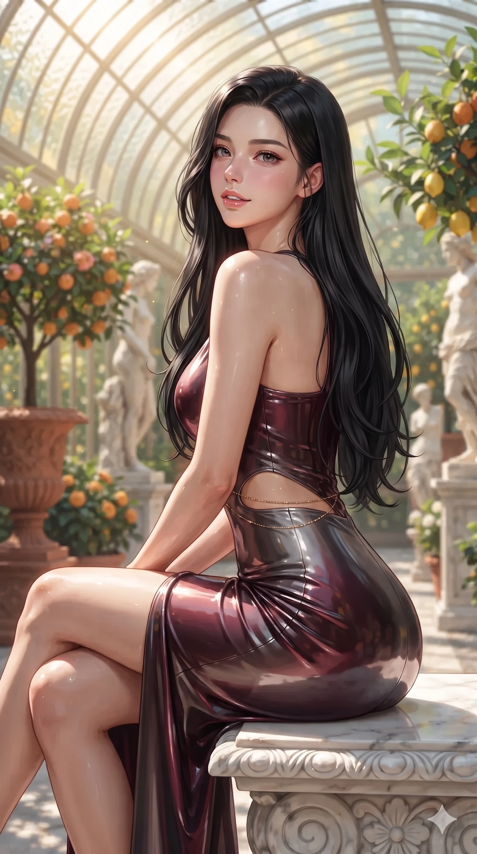 score_9, masterpiece, best quality, ultra-detailed, high-budget anime keyframe, editorial fashion photography, tasteful artistic composition, Korean woman. close-up cowboy shot from the waist and thighs up, the character dominates the composition, filling the frame with her large presence. posing in an alluring rear three-quarter angle, looking over a bare shoulder with parted glossy lips, her hips cocked back to highlight her slim hourglass curve while sitting gracefully on the carved marble bench with legs crossed, flashing an enchanting smile with parted glossy lips. The background shows a soft-focus flowering orange and lemon trees in terracotta urns, classical marble sculptures, and curved glass roof ribs blurred into citrus gold, emerald, and ivory bokeh. She has an exceptionally elegant, slender, and willowy female figure with an ultra-slim waist, flat toned midriff, narrow ribcage, and sculpted feminine hips creating an alluring, slim hourglass silhouette without bulk. sharp v-shaped jawline, high-bridge nose, intricate jewel-like sparkling eyes with depth, thick eyelashes, glossy parted lips with a natural sheen, intensely captivating and seductive bedroom-eyes expression, exuding both youthful cute charm and sovereign luxury allure, flawlessly proportioned anatomical accuracy, strict slender model proportions, natural body alignment, perfectly sculpted long slender limbs, ultra-slim waistline, clean dynamic posture without body distortion. wearing a form-fitting liquid mercury jersey evening dress clinging smoothly to her narrow waist and rounded hips in deep wine burgundy and brushed dark platinum, tailored from high-gloss patent leather with mirror-like specular highlights, accented with a dainty gold belly chain resting across her flat midriff and curving hips, the form-contouring cut accentuating her sculpted flat midriff, narrow delicate ribcage, and gracefully curvy hips with intoxicating allure. bathed in the radiant, sun-drenched greenhouse light filtering through textured glass panes creating high-contrast dappled highlights. ultra-reflective glossy finish, specular highlights, rich textural contrasts, high-contrast stereoscopic depth, volumetric dynamic lighting, 2k, ultra detail, master piece, 9:16 ratio