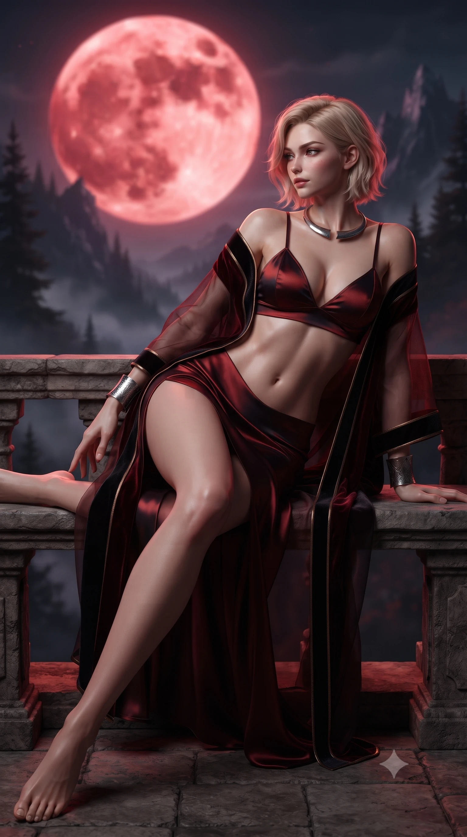 score_9, masterpiece, best quality, ultra-detailed, high-budget anime keyframe, editorial fashion photography, tasteful artistic composition, Caucasian woman. low angle full-body shot from head to toe showing her feet, filling the entire 9:16 vertical frame with her statuesque presence, stretching her vertical silhouette. walking along the terrace with poise, looking back over her bare shoulder with an irresistible smoldering bedroom-gaze while lounging on the stone balcony bench propped on one elbow, her flat midriff and statuesque 8.5-heads build commanding the nocturnal abyss. The background shows a soft-focus the colossal glowing crimson blood moon, jagged pine-covered mountain peaks, and swirling valley fog blurred into blood-orange, charcoal, and violet bokeh. She has an absolutely perfect, statuesque 8.5-heads proportion, an exceptionally tall and slender model-like female figure with impossibly long slender legs, an ultra-slim waist, a flat toned midriff, narrow delicate ribcage, and beautifully sculpted feminine hips creating a graceful, slim hourglass silhouette without any bulky heaviness. sharp v-shaped jawline, high-bridge nose, sparkling eyes with hypnotic seductive depth, thick curled eyelashes, glossy parted lips with a natural dewy peach sheen, alluring bedroom-eyes with an enchanting coquettish smile, exuding magnetic siren charisma and sophisticated glamour, flawlessly proportioned anatomical accuracy, strict slender model proportions, natural body alignment, perfectly sculpted long slender limbs, ultra-slim waistline, clean dynamic posture without body distortion. wearing a delicate sheer organza kimono-style architectural wrap slipping off bare shoulders over a matching satin bralette in deep blood-red velvet and midnight obsidian black with antique bronze trims, crafted from fluid liquid silk satin that clings smoothly to every curve with a dewy sheen, finished with a sculptural silver torque collar and a matching wide architectural wrist cuff, the liquid-tight tailored fabric clinging flawlessly to her narrow waist and rounded feminine hips, emphasizing every millimeter of her sculpted slim hourglass curves without any bulky heaviness. illuminated by stone parapet reflection fill and sharp deep-crimson rim lights sculpting her jawline, flat midriff, and curvy hips. ultra-reflective glossy finish, specular highlights, rich textural contrasts, high-contrast stereoscopic depth, volumetric dynamic lighting, 2k, ultra detail, master piece, 9:16 ratio