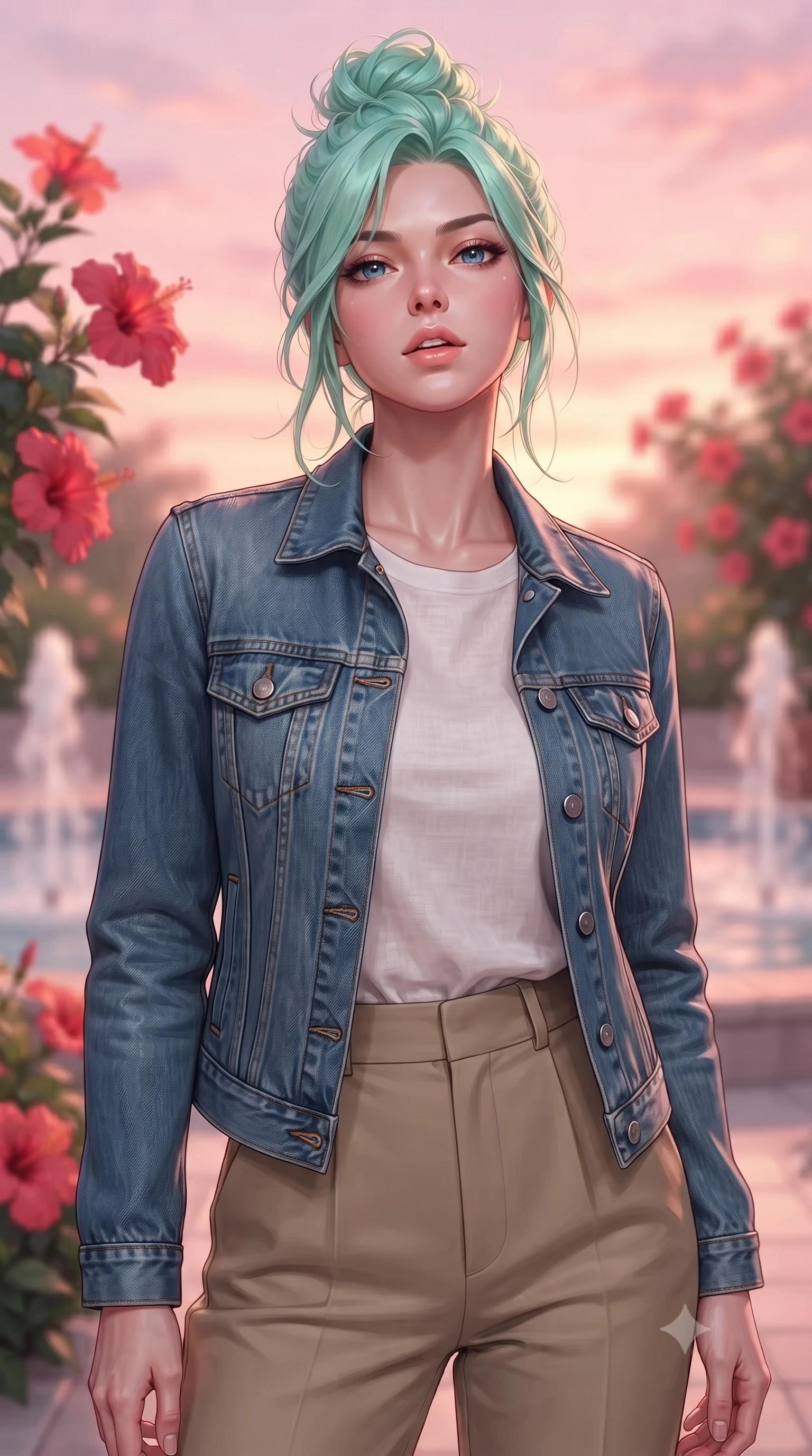 score_9, masterpiece, best quality, ultra-detailed, high-budget anime keyframe, editorial fashion photography, tasteful artistic composition, Japanese woman woman. close-up cowboy shot from the waist and thighs up, the character dominates the composition, filling the frame with her large presence, background elements kept in soft focus. tilting her chin up slightly with lips parted in a composed, provocative expression the background shows a soft-focus a secluded terrace surrounded by blooming red hibiscus and soft water fountains. She has an exceptionally elegant, slender, and willowy female figure with an ultra-slim waist, a gracefully sculpted slender torso, and a refined silhouette. sharp v-shaped jawline, high-bridge nose, intricate jewel-like eyes with depth, thick eyelashes, glossy lips with a natural sheen. wearing a tailored clean-cut denim jacket over a white linen tee and khaki trousers. soft sunset light bathing the terrace in a warm pink and orange wash. ultra-reflective glossy finish, specular highlights, metallic sheen, high-contrast stereoscopic depth, volumetric dynamic lighting, 2k, ultra detail, master piece, 9:16 ratio