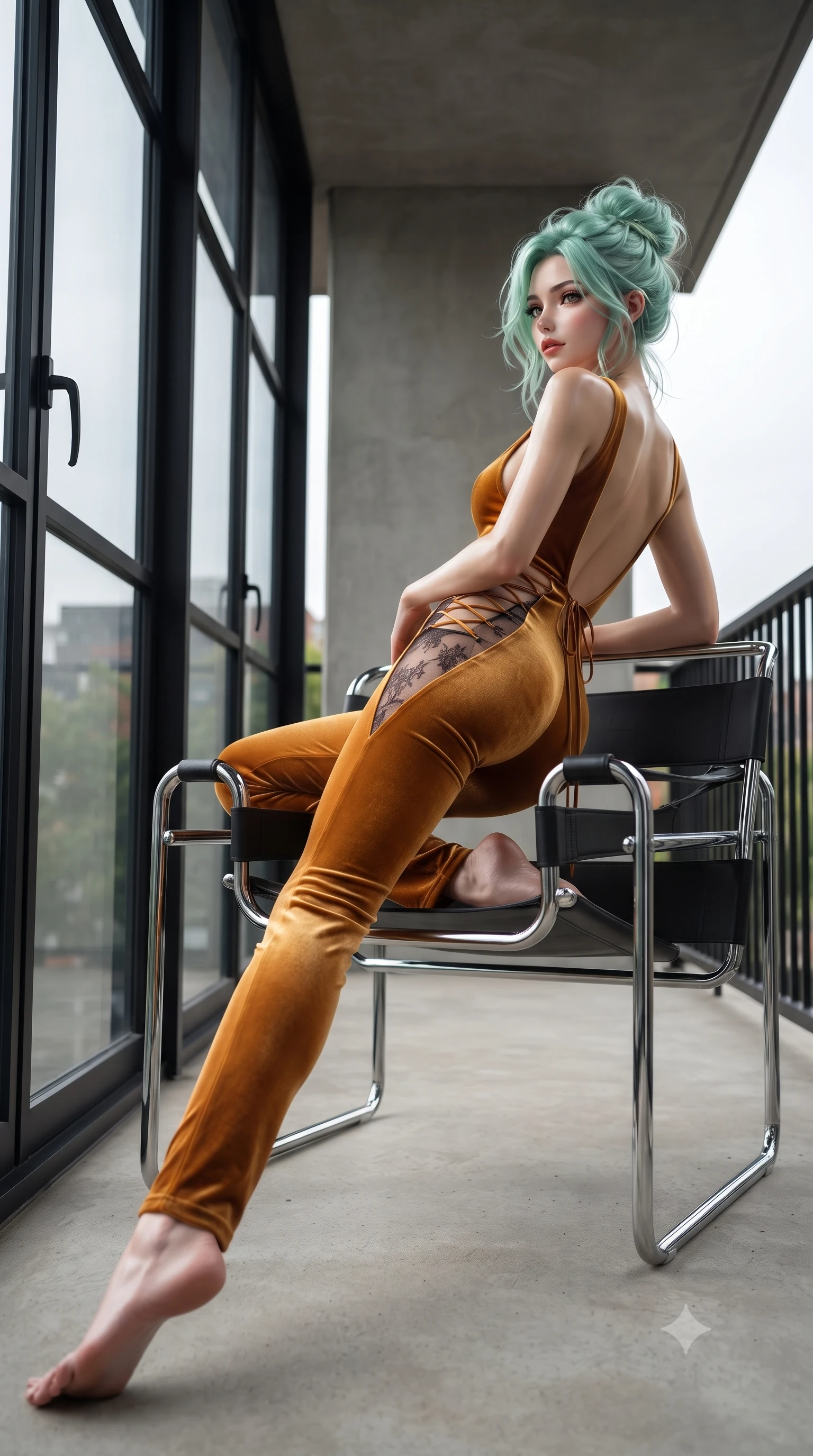 score_9, masterpiece, best quality, ultra-detailed, high-budget anime keyframe, editorial fashion photography, tasteful artistic composition, Japanese woman. low angle full-body shot from head to toe showing her feet, filling the entire 9:16 vertical frame with her statuesque presence, stretching her vertical silhouette. executing a slow, graceful pivot turn as her skirt sways around her slender legs, glancing back with an enchanting, teasing sensual expression while lounging in an original Marcel Breuer tubular steel Wassily chair propped on one elbow, her flat midriff commanding the functionalist space. The surrounding environment is rendered in vivid detail and crisp panoramic clarity: sharp black steel window mullion joints, tubular chrome chair tubing reflections, and smooth concrete balcony slab in deep focus. She has an absolutely perfect, statuesque 8.5-heads proportion, an exceptionally tall and slender model-like female figure with impossibly long slender legs, an ultra-slim waist, a flat toned midriff, narrow delicate ribcage, and beautifully sculpted feminine hips creating a graceful, slim hourglass silhouette without any bulky heaviness. sharp v-shaped jawline, high-bridge nose, sparkling eyes with hypnotic seductive depth, thick curled eyelashes, glossy parted lips with a natural dewy peach sheen, alluring bedroom-eyes with an enchanting coquettish smile, exuding magnetic siren charisma and sophisticated glamour, flawlessly proportioned anatomical accuracy, strict slender model proportions, natural body alignment, perfectly sculpted long slender limbs, ultra-slim waistline, clean dynamic posture without body distortion. wearing a backless plunge-front second-skin velvet jumpsuit with fluid tapered legs and sheer lace hip inserts in warm amber honey and antique gold leaf with dark shadow gradients, made of semi-opaque stretch illusion mesh with soft shadowy contours, finished with fine criss-cross lace-up side ties revealing tantalizing glimpses of her hip curve, the liquid-tight tailored fabric clinging flawlessly to her narrow waist and rounded feminine hips, emphasizing every millimeter of her sculpted slim hourglass curves without any bulky heaviness. illuminated by chrome chair specular bounce and sharp platinum rim lights sculpting her jawline, flat midriff, and voluptuous hip curves. ultra-reflective glossy finish, specular highlights, rich textural contrasts, high-contrast stereoscopic depth, volumetric dynamic lighting, 2k, ultra detail, master piece, 9:16 ratio