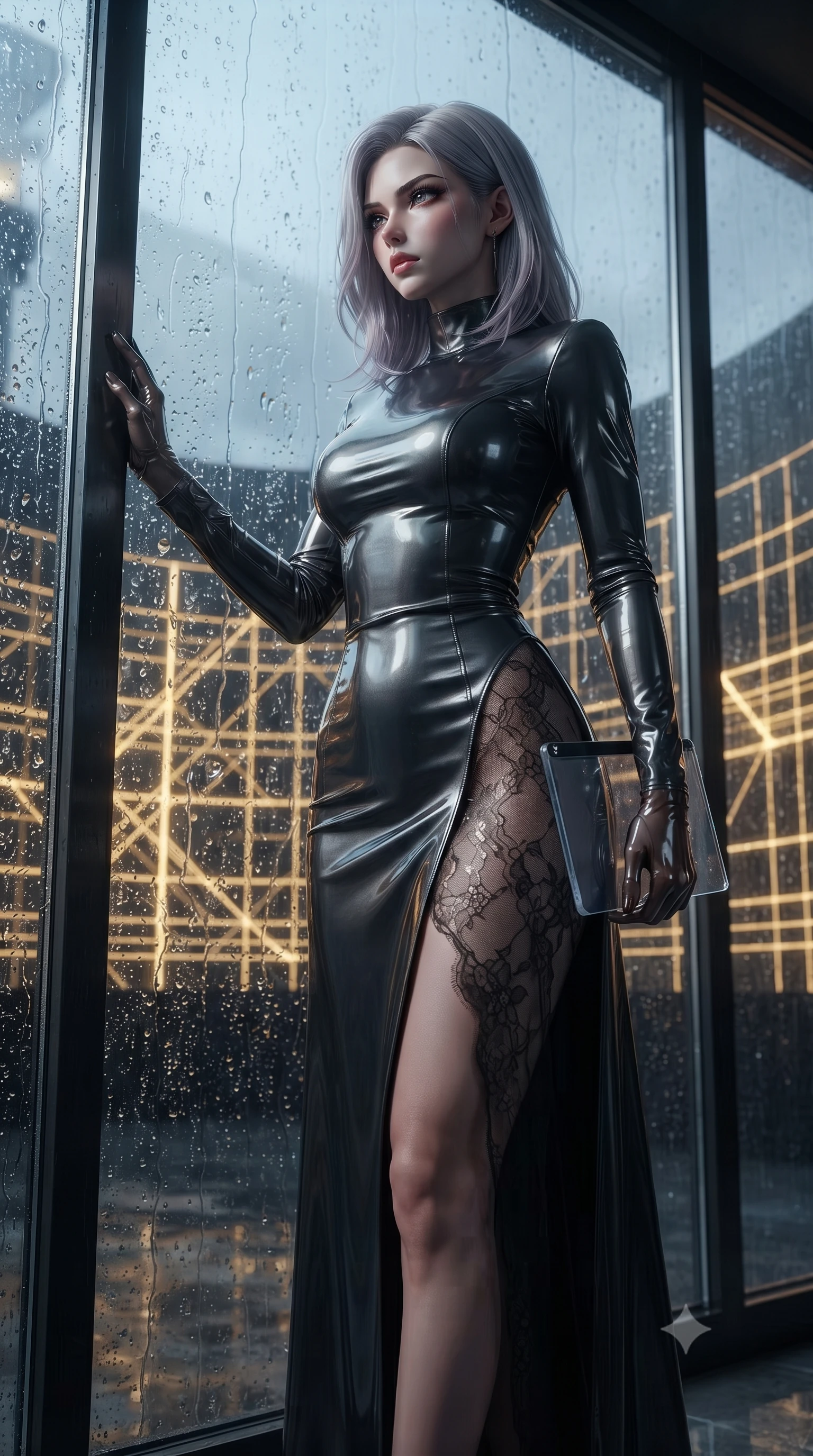 score_9, masterpiece, best quality, ultra-detailed, High-budget Anime Keyframe, editorial fashion photography, tasteful artistic composition, realistic cosplay photography, Caucasian woman, strictly human ears. Low angle cowboy shot filling the entire 9:16 frame with her statuesque presence. Scenario 305: looking out at the rain through a wet glass window near a digital arena where gold gridlines project onto the black walls. Her presence is magnetic and overpowering in this high-budget cinematic scene. Outfit 305: a form-contouring patent leather long with a thigh-high slit and translucent layers. The clothing is designed to emphasize her exceptionally tall and slender 8-heads proportion. 8-heads proportion, towering silhouette, ultra-slim waist. sharp v-shaped jawline, intricate jewel-like eyes with depth, thick eyelashes, glossy lips. ultra-reflective glossy finish, specular highlights, metallic sheen, high-contrast stereoscopic depth, volumetric dynamic lighting, 2k, ultra detail, master piece, 9:16 ratio