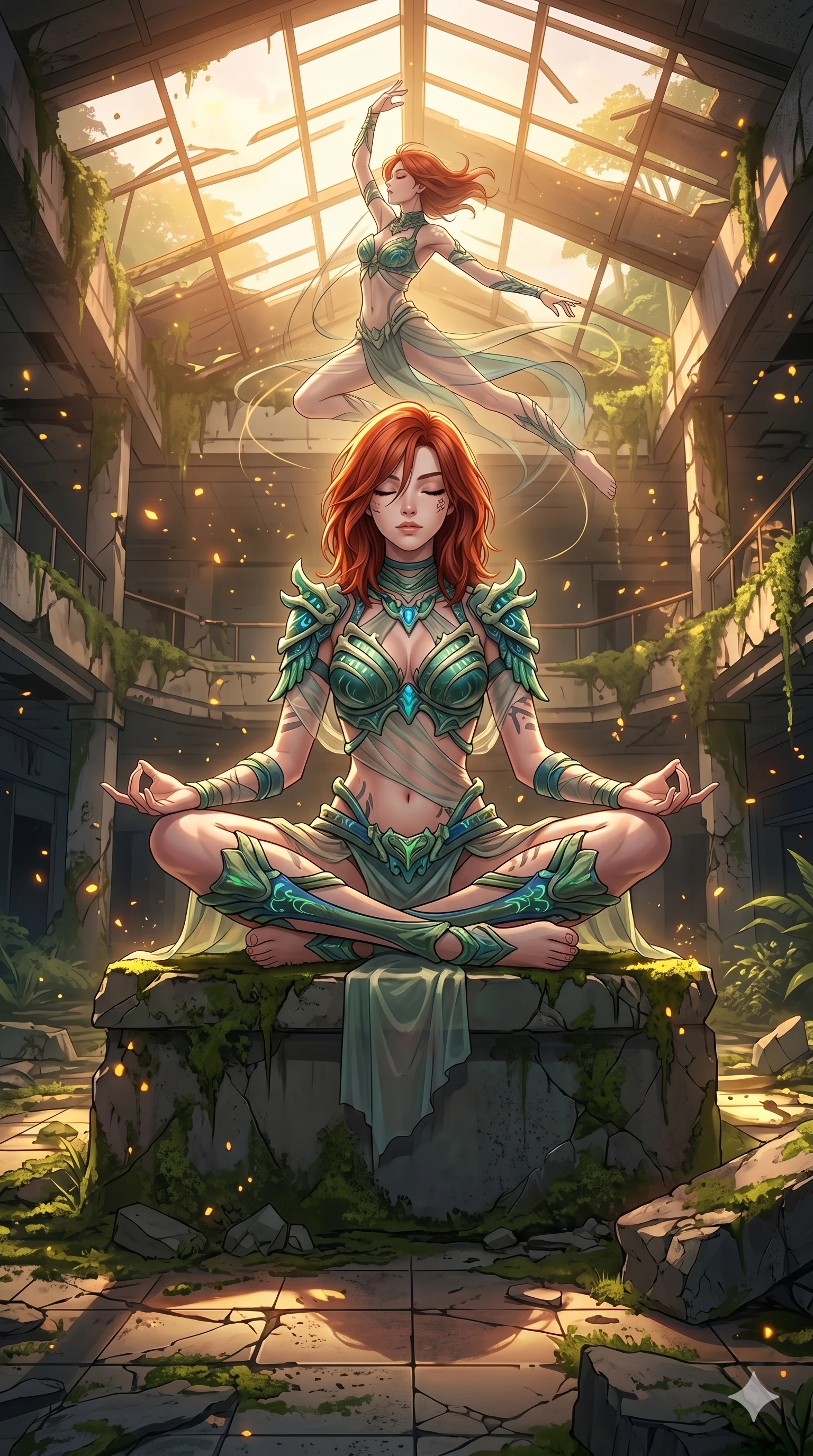score_9, masterpiece, best quality, ultra-detailed, Set A: High-budget Anime Keyframe, Caucasian (human ears) woman. Low angle cowboy shot filling the entire 9:16 frame with her statuesque presence. Theme: Ethereal Dream. meditating in a ruined overgrown shopping mall, as her reflection in the air starts to dance independently 185. The atmosphere is filled with golden hour with floating embers. She has an absolutely perfect 8-heads proportion, an exceptionally tall and slender female figure with impossibly long slender legs and an ultra-slim waist. Sharp v-shaped jawline, high-bridge nose, intricate jewel-like eyes with depth, glossy lips. Wearing Primal jungle-warrior outfit with bioluminescent bone-armor and sheer silk wraps. Cinematic lighting, vivid colors, dramatic shadows, 2k, ultra detail, master piece, 9:16 ratio