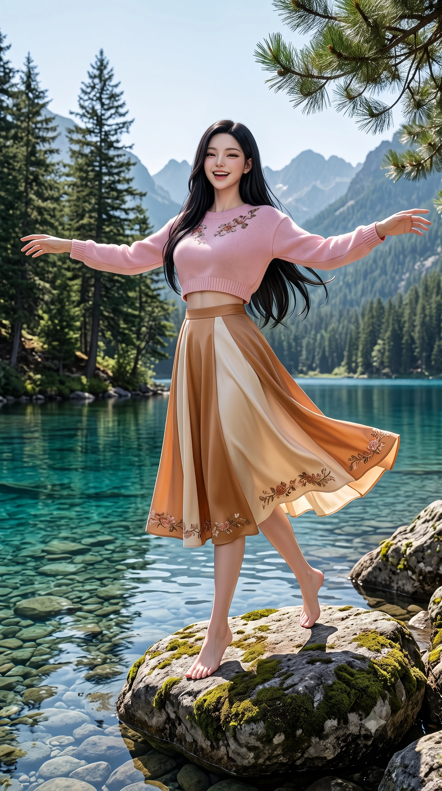 score_9, masterpiece, best quality, ultra-detailed, high-budget anime keyframe, semi-realistic 3D game render, editorial fashion photography, tasteful artistic composition, Korean woman. low angle full-body shot from head to toe showing her feet, filling the entire 9:16 vertical frame with her statuesque presence, stretching her vertical silhouette. stepping forward gracefully in mid-motion with a delighted cute laugh, displaying her tall slender model proportions while standing poised on a mossy lakeside boulder with open arms, taking a deep breath of fresh pine-scented mountain air. The surrounding environment is rendered in vivid detail and crisp panoramic clarity. crystal-clear turquoise water revealing smooth underwater pebbles, towering pine needles, and distant peaks in high clarity. She has an absolutely perfect, statuesque 8.5-heads proportion, an exceptionally tall and slender model-like female figure with impossibly long slender legs, a toned flat midriff, and an ultra-slim waist. sharp v-shaped jawline, high-bridge nose, intricate jewel-like eyes with depth, thick eyelashes, glossy lips with a natural sheen, pure and lovely fresh girlhood expression, flawlessly proportioned anatomical accuracy, strict slender model proportions, natural body alignment, perfectly sculpted long slender limbs, ultra-slim waistline, clean dynamic posture without body distortion. wearing a stylish cropped pastel knit pullover paired with a high-waisted flowy A-line linen skirt in warm caramel and cream vanilla, crafted from smooth fluid silk satin with a natural gentle sheen, complemented by subtle floral embroidery along the neckline and hem, the breezy lightweight fabric fluttering softly against her delicate collarbones, narrow waist, and feminine curves. surrounded by a serene, peaceful, and breathtakingly lovely lakeside maiden aura. highly saturated vibrant anime colors, detailed shading with soft gradients, rich glossy textures, high-contrast stereoscopic depth, volumetric dynamic lighting, master piece, 9:16 ratio