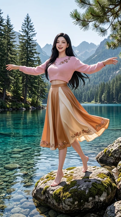 score_9, masterpiece, best quality, ultra-detailed, high-budget anime keyframe, semi-realistic 3D game render, editorial fashion photography, tasteful artistic composition, Korean woman. low angle full-body shot from head to toe showing her feet, fil