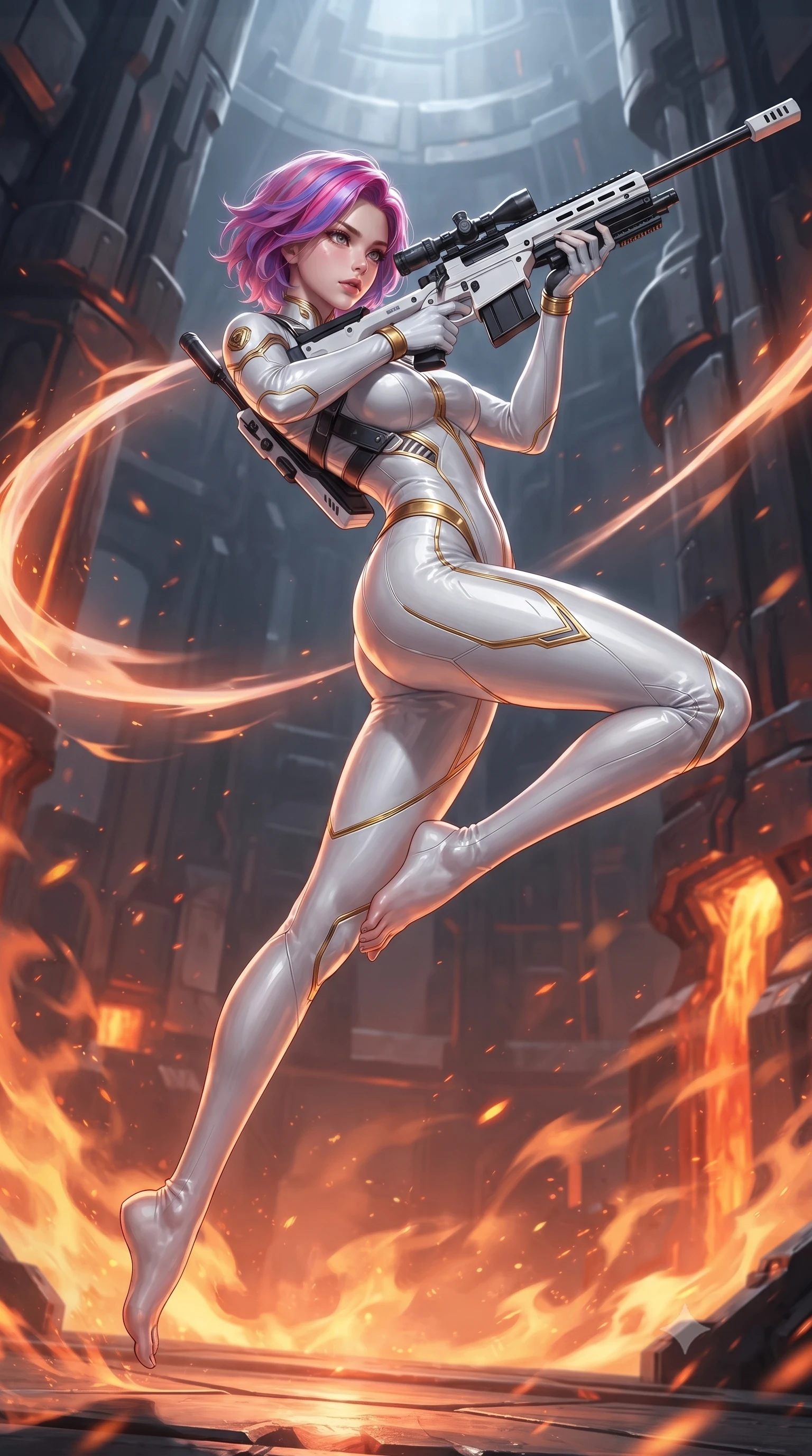 score_9, masterpiece, best quality, ultra-detailed, high-budget anime keyframe, editorial fashion photography, tasteful artistic composition, Caucasian woman. low angle full-body shot from head to toe showing her feet, filling the entire 9:16 vertical frame with her statuesque presence, stretching her vertical silhouette. arching her back gracefully in mid-air during a dynamic combat vault, her weapon energy trail framing her statuesque presence while arching her spine in a fluid stretch as rising heat waves and orange embers swirl around her sculpted silhouette. The surrounding environment is rendered in vivid detail and crisp panoramic clarity. intense geothermal chiaroscuro and raw high-tech forging architecture rendered with precision. She has an absolutely perfect, statuesque 8.5-heads proportion, an exceptionally tall and slender model-like female figure with impossibly long slender legs, a toned flat midriff, and an ultra-slim waist. sharp v-shaped jawline, high-bridge nose, intricate jewel-like eyes with depth, thick eyelashes, glossy lips with a natural sheen, flawlessly proportioned anatomical accuracy, strict slender model proportions, natural body alignment, perfectly sculpted long slender limbs, ultra-slim waistline, clean dynamic posture without body distortion. wearing a form-contouring arctic white carbon-composite battle-suit with solar gold trim and diagonal midriff vents, aiming a precision carbon-fiber railgun sniper rifle with divine focus in monochrome white enamel carbon with high-contrast black panels, made of lightweight aerodynamic carbon-titanium alloy with polished edge bevels, reinforced by a sleek titanium tactical harness and glowing micro-energy straps, the glove-like aerodynamic second-skin fit tightly clinging to her ultra-slender waist and athletic curves without adding bulk, accentuating her razor-sharp statuesque lines and slim hourglass silhouette. illuminated by crisp specular highlights tracing her ultra-slim waist, long legs, and flat midriff. ultra-reflective glossy finish, specular highlights, dark metallic sheen, high-contrast stereoscopic depth, volumetric dynamic lighting, 2k, ultra detail, master piece, 9:16 ratio