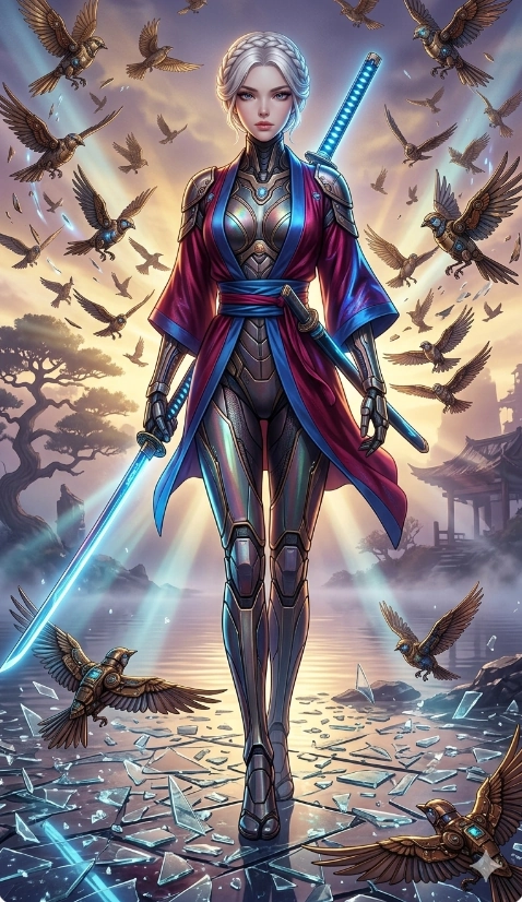 score_9, masterpiece, best quality, ultra-detailed, Set A: High-budget Anime Keyframe, Korean woman. Low angle cowboy shot filling the entire 9:16 frame with her statuesque presence. Standing victoriously through a misty lakeside at dawn, surrounded by a whirlwind of 162 mechanical birds and surrounded by shattered glass fragments. She has an absolutely perfect 8-heads proportion, an exceptionally tall and slender female figure with impossibly long slender legs and an ultra-slim waist. Sharp v-shaped jawline, high-bridge nose, intricate jewel-like eyes with depth, thick eyelashes, glossy lips with a natural sheen. Wearing Cyber-samurai gear with a short silk kimono and glowing neon katana sheath. Cinematic lighting, vibrant colors, dramatic shadows, 2k, ultra detail, master piece, 9:16 ratio