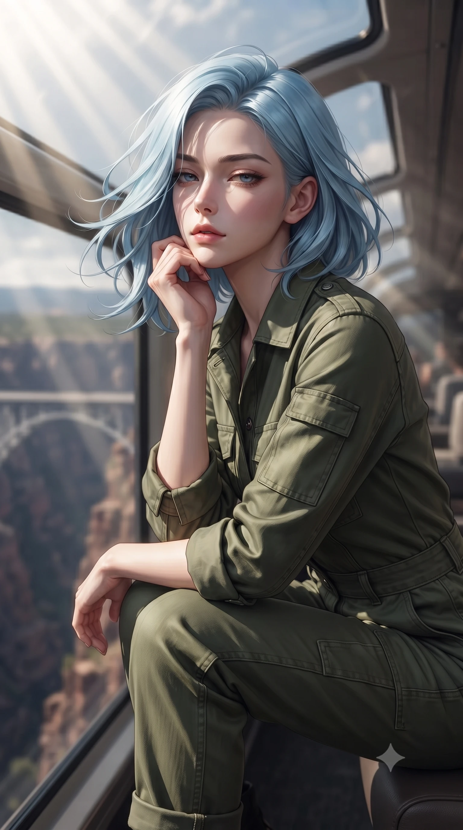 score_9, masterpiece, best quality, ultra-detailed, high-budget anime keyframe, editorial fashion photography, tasteful artistic composition, Korean woman. close-up cowboy shot from the waist and thighs up, the character dominates the composition, filling the frame with her large presence, background elements kept in soft focus. resting her chin on the backs of her fingers, casting a heavy-lidded, sultry look past the camera the background shows a soft-focus the upper deck lounge of a double-decker scenic train crossing a canyon bridge. She has an exceptionally elegant, slender, and willowy female figure with an ultra-slim waist, a gracefully sculpted slender torso, and a refined silhouette. sharp v-shaped jawline, high-bridge nose, intricate jewel-like eyes with depth, thick eyelashes, glossy lips with a natural sheen. wearing a form-contouring comfortable olive green cotton utility jumpsuit with a structured collar and rolled-up sleeves. volumetric sunbeams slicing through the glass panels, creating dramatic light rays. ultra-reflective glossy finish, specular highlights, metallic sheen, high-contrast stereoscopic depth, volumetric dynamic lighting, 2k, ultra detail, master piece, 9:16 ratio