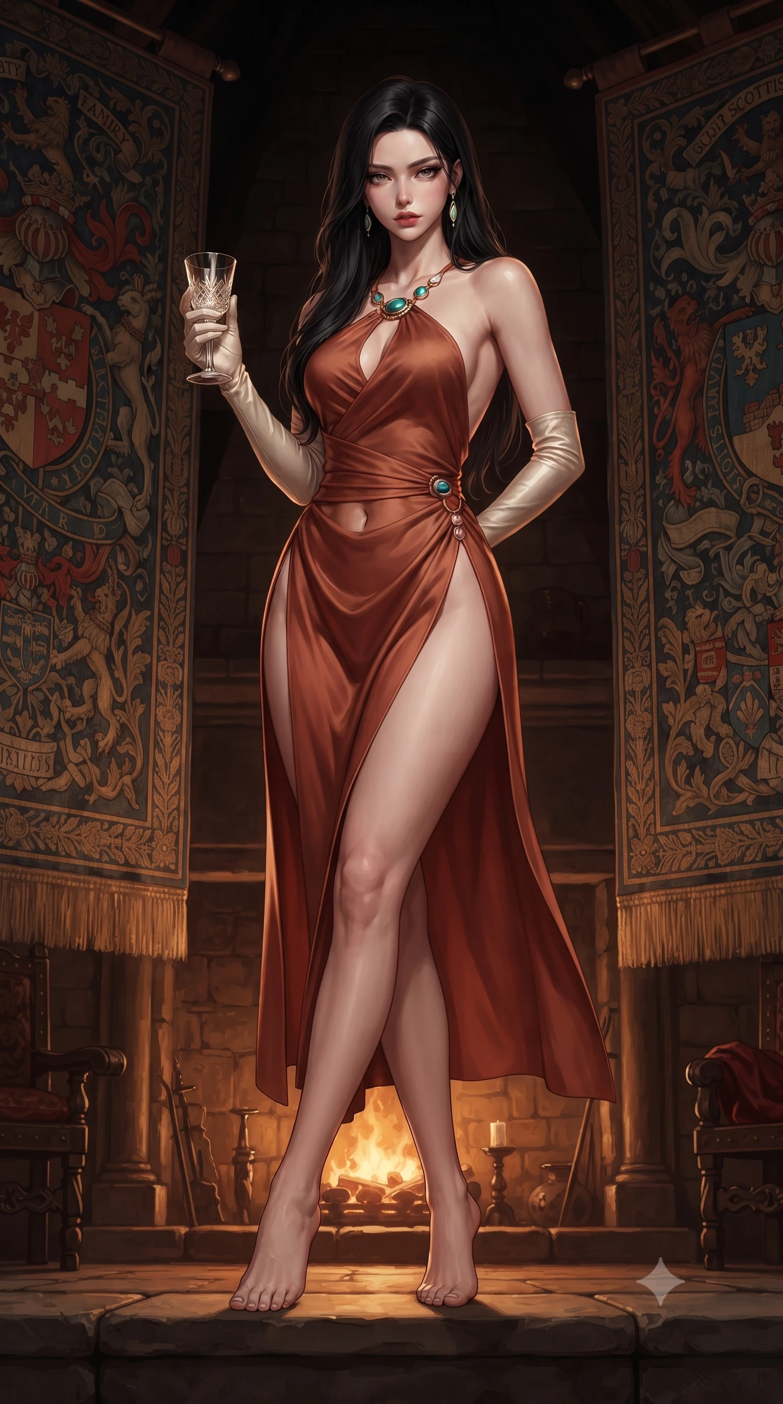 score_9, masterpiece, best quality, ultra-detailed, high-budget anime keyframe, editorial fashion photography, tasteful artistic composition, Korean woman. low angle full-body shot from head to toe showing her feet, filling the entire 9:16 vertical frame with her statuesque presence, stretching her vertical silhouette. sitting perched on the elevated edge with hips angled toward the camera and legs crossed, displaying her toned midriff and flawlessly sculpted slender limbs while standing poised between towering medieval armorial tapestries, twisting her slender torso in a deep contrapposto stance with smoldering bedroom-eyes. The surrounding environment is rendered in vivid detail and crisp panoramic clarity. rich high-contrast Scottish heritage chiaroscuro and atmospheric ancient fortress romance rendered with precision. She has an exceptionally tall and slender model-like 8.5-heads proportion, an ultra-slim waist, a flat toned midriff, narrow delicate ribcage, and beautifully sculpted feminine hips creating a graceful, slim hourglass silhouette without any bulky heaviness, with impossibly long slender legs. sharp v-shaped jawline, high-bridge nose, intricate jewel-like eyes with depth, thick eyelashes, glossy parted lips with a natural sheen, intensely captivating and seductive bedroom-eyes expression, flawlessly proportioned anatomical accuracy, strict slender model proportions, natural body alignment, perfectly sculpted long slender limbs, ultra-slim waistline, clean dynamic posture without body distortion. wearing a backless terracotta silk wrap dress featuring high-cut side hip slits and turquoise ring hardware in vintage champagne ivory and delicate rose gold, crafted from heavyweight crushed silk velvet with liquid vintage luster, accessorized with opera-length satin gloves and a vintage crystal glass, the second-skin form-contouring cut accentuating her sculpted flat midriff, narrow delicate ribcage, and gracefully curvy hips with supermodel precision. surrounded by an aristocratic, untamed, and dangerously captivating Scottish highland duchess aura. ultra-reflective glossy finish, specular highlights, rich textural contrasts, high-contrast stereoscopic depth, volumetric dynamic lighting, 2k, ultra detail, master piece, 9:16 ratio