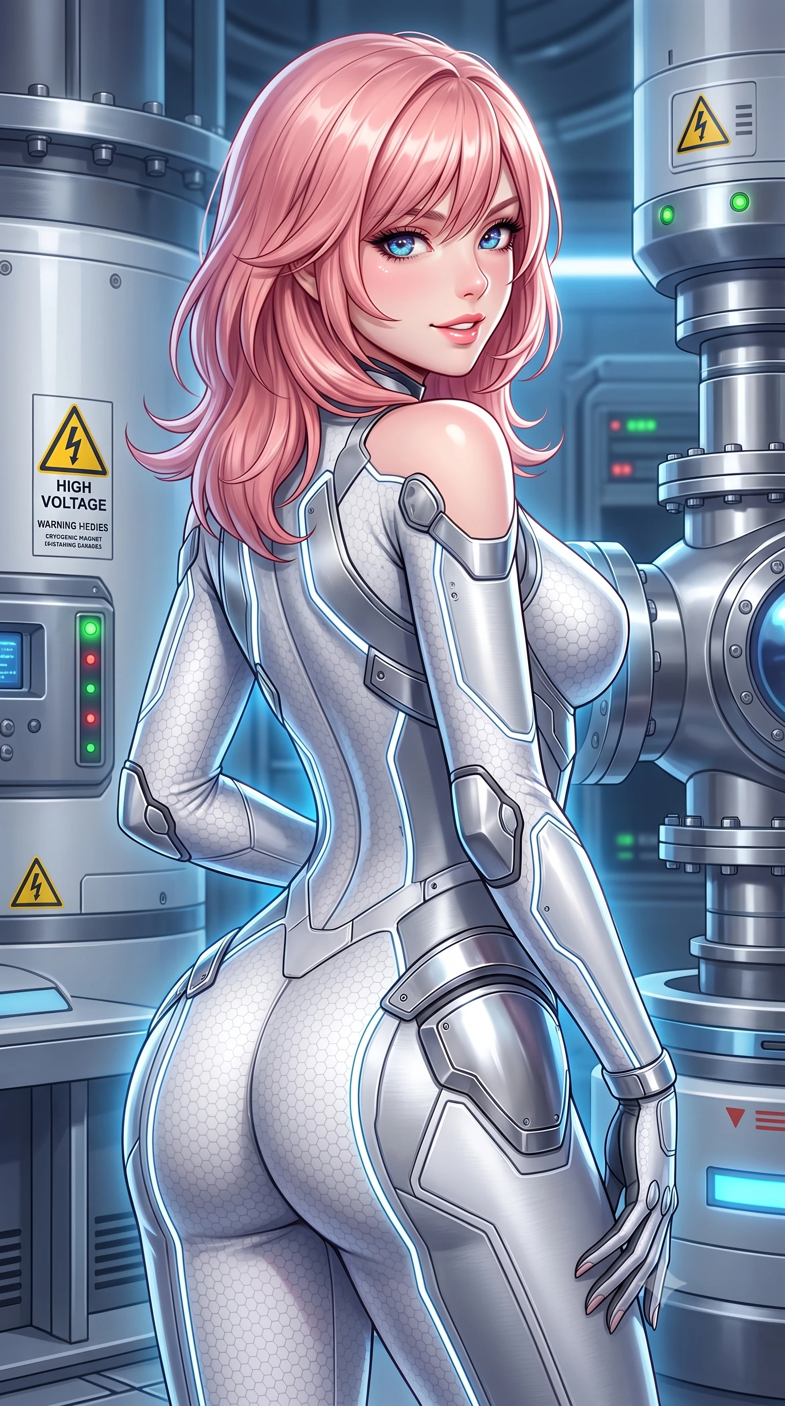 score_9, masterpiece, best quality, ultra-detailed, high-budget anime keyframe, semi-realistic 3D game render, editorial fashion photography, tasteful artistic composition, Japanese woman. close-up cowboy shot from the waist and thighs up, the character dominates the composition, filling the frame with her large presence. posing in an alluring rear three-quarter angle, turning over a bare shoulder with an intoxicating gaze, her hips cocked back to highlight her slim hourglass curve against the glowing reactor while twisting her slender torso in an alluring contrapposto stance, subatomic Cherenkov radiation glows tracing her narrow waist and hips. The surrounding environment is rendered in vivid detail and crisp panoramic clarity: sharp cryogenic magnet casing welds, high-voltage warning labels, and polished stainless steel vacuum chamber clarity in deep focus. She has an exceptionally elegant, slender, and willowy female figure with an ultra-slim waist, flat toned midriff, narrow ribcage, and sculpted feminine hips creating an alluring, slim hourglass silhouette without bulk. sharp v-shaped jawline, high-bridge nose, intricate jewel-like sparkling eyes with depth, thick eyelashes, glossy parted lips with a natural sheen, bright confident smile with an enchanting and coquettish sensual glint, exuding both youthful magnetic charm and sovereign high-tech allure, flawlessly proportioned anatomical accuracy, strict slender model proportions, natural body alignment, perfectly sculpted long slender limbs, ultra-slim waistline, clean dynamic posture without body distortion. wearing an aerodynamic second-skin combat bodysuit with hexagonal carbon weave and glowing circuit seam piping in pure alabaster white and brushed silver accents, crafted from lightweight aerodynamic matte carbon-fiber weave with structural stiffness, accented with strategically placed chrome armor plate guards covering key curves, the form-fitting tactical tailoring adhering flawlessly to her sculpted flat midriff and slender torso, emphasizing her long leg lines and perfectly proportioned willowy build. illuminated by instrument status LEDs and sharp platinum rim lights carving her razor-sharp jawline, narrow waist, and curvy hips. highly saturated vibrant anime colors, detailed shading with soft gradients, rich glossy textures, high-contrast stereoscopic depth, volumetric dynamic lighting, master piece, 9:16 ratio