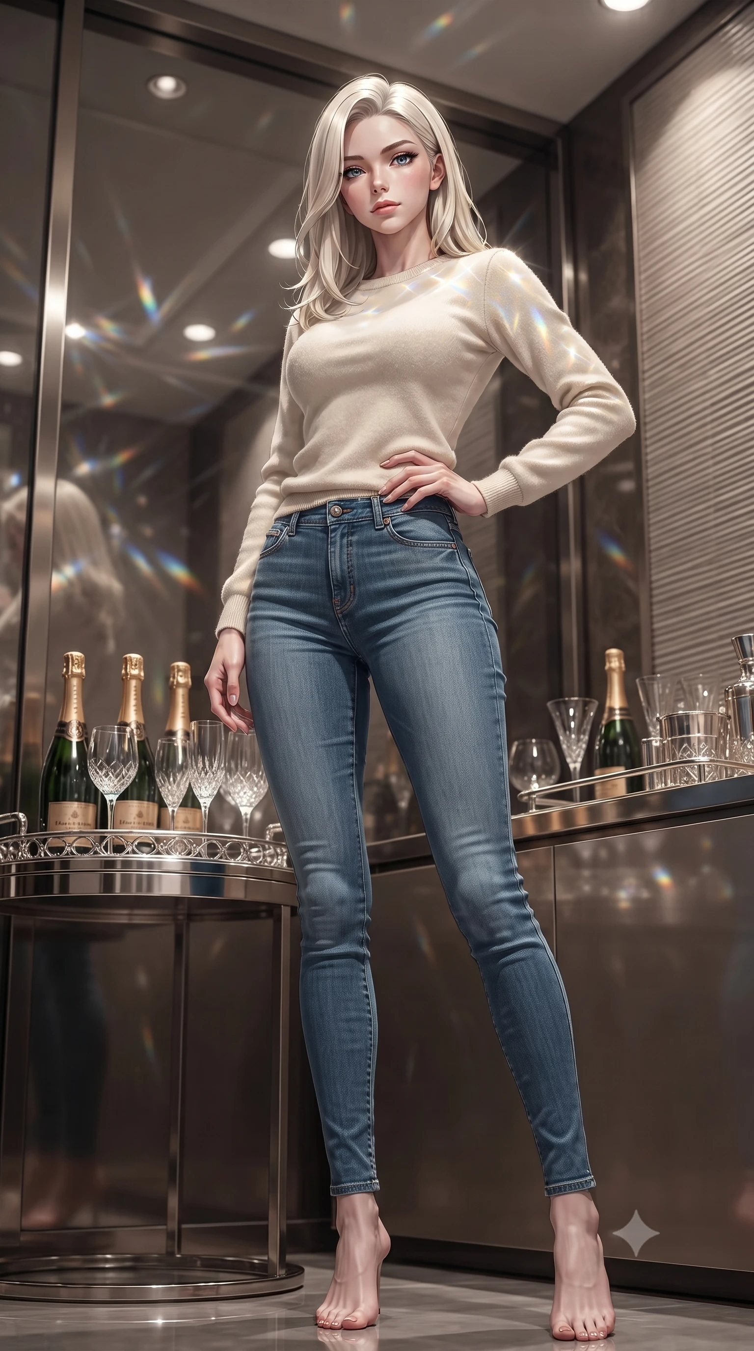 score_9, masterpiece, best quality, ultra-detailed, high-budget anime keyframe, editorial fashion photography, tasteful artistic composition, Caucasian woman. low angle full-body shot from head to toe showing her feet, filling the entire 9:16 vertical frame with her statuesque presence, stretching her vertical silhouette. posing confidently with one hand on her hip, stretching her statuesque body to emphasize her curves the background shows a soft-focus a private box suite pantry with champagne bottles and crystal glasses on a silver tray. She has an absolutely perfect, statuesque 8.5-heads proportion, an exceptionally tall and slender model-like female figure with impossibly long slender legs and an ultra-slim waist. sharp v-shaped jawline, high-bridge nose, intricate jewel-like eyes with depth, thick eyelashes, glossy lips with a natural sheen. wearing a slim-fit comfortable cream fleece sweater over blue denim jeans. shimmering light refracting through glass onto her elegant collarbone. ultra-reflective glossy finish, specular highlights, metallic sheen, high-contrast stereoscopic depth, volumetric dynamic lighting, 2k, ultra detail, master piece, 9:16 ratio