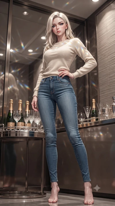 score_9, masterpiece, best quality, ultra-detailed, high-budget anime keyframe, editorial fashion photography, tasteful artistic composition, Caucasian woman. low angle full-body shot from head to toe showing her feet, filling the entire 9:16 vertica