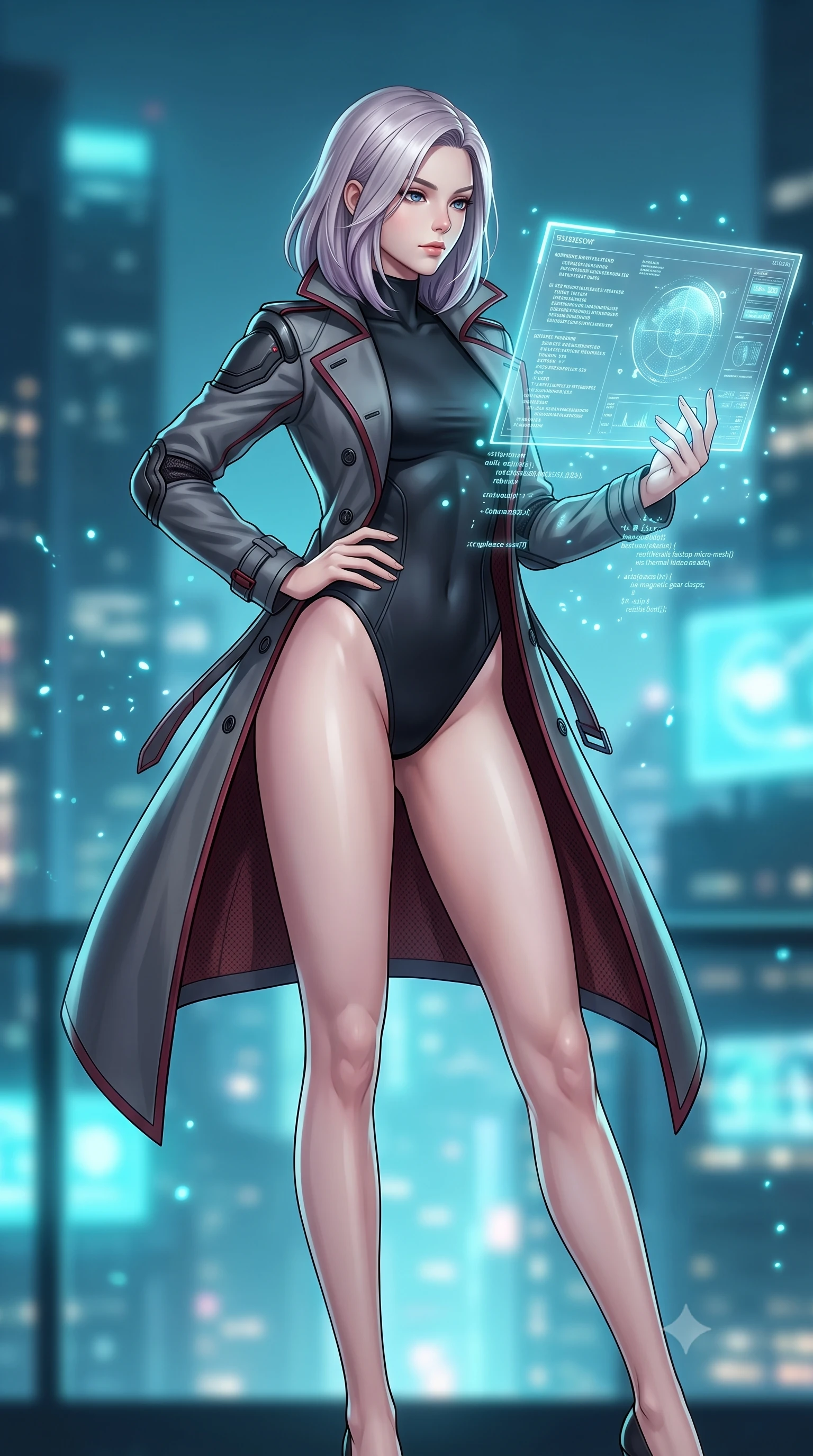 score_9, masterpiece, best quality, ultra-detailed, high-budget anime keyframe, semi-realistic 3D game render, editorial fashion photography, tasteful artistic composition, Caucasian woman. low angle full-body shot from head to toe showing her feet, filling the entire 9:16 vertical frame with her statuesque presence, stretching her vertical silhouette. standing poised with one hip cocked in an alluring high-fashion pose, her tall 8.5-heads proportions dominating the scene while arching her spine in a fluid stretch while reviewing encrypted satellite telemetry data with a calm, intellectual expression. The composition keeps background elements in soft focus with creamy bokeh. glowing holographic code glyphs and UI particles scattering soft cyan light motes around her. She has an absolutely perfect, statuesque 8.5-heads proportion, an exceptionally tall and slender model-like female figure with impossibly long slender legs, a toned flat midriff, and an ultra-slim waist. sharp v-shaped jawline, high-bridge nose, intricate jewel-like eyes with depth, thick eyelashes, glossy lips with a natural sheen, captivating and magnetic expression, flawlessly proportioned anatomical accuracy, strict slender model proportions, natural body alignment, perfectly sculpted long slender limbs, ultra-slim waistline, clean dynamic posture without body distortion. wearing a matte-black aerodynamic stealth leotard worn under an open tailored double-breasted spy trench in storm grey and dark scarlet trim, made of reinforced ripstop micro-mesh with thermal insulation lining, finished with high-mobility flexible armor joints and magnetic gear clasps, the liquid-tight tailored fabric emphasizing every curve of her tall, slender model proportions and sculptured silhouette during dynamic movement. bathed in ambient cyan and ice-blue holographic screen glow combined with midnight city skylight. highly saturated vibrant anime colors, detailed shading with soft gradients, rich glossy textures, high-contrast stereoscopic depth, volumetric dynamic lighting, master piece, 9:16 ratio