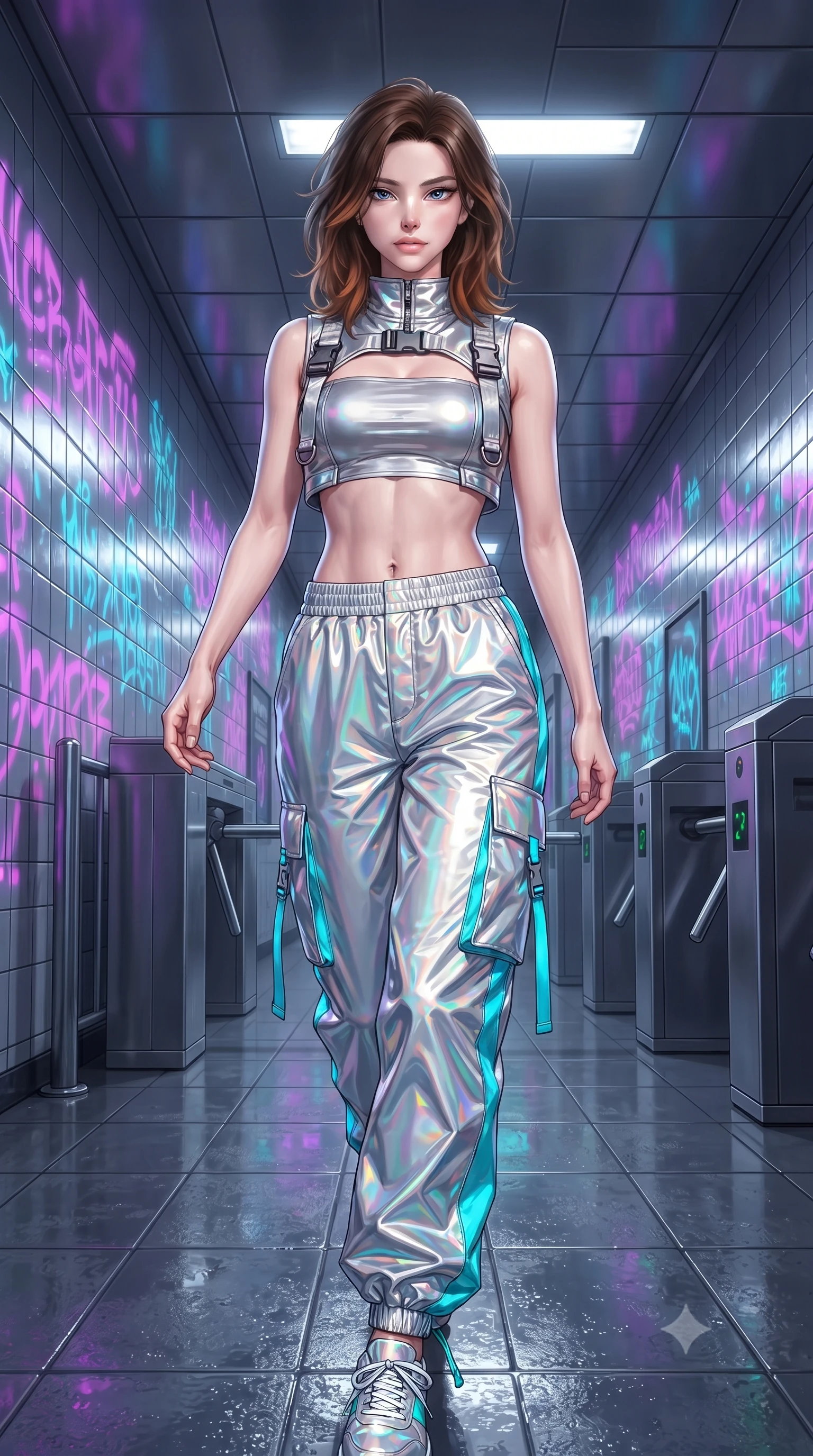 score_9, masterpiece, best quality, ultra-detailed, high-budget anime keyframe, editorial fashion photography, tasteful artistic composition, Korean woman. low angle full-body shot from head to toe showing her feet, filling the entire 9:16 vertical frame with her statuesque presence, stretching her vertical silhouette. stepping forward gracefully in mid-motion, displaying her toned flat midriff and flawlessly sculpted slender limbs while posing dynamically in a futuristic subway station corridor covered in glowing ultraviolet cyber-graffiti murals. The surrounding environment is rendered in vivid detail and crisp panoramic clarity. intricate ultraviolet graffiti lettering, reflective tiled walls, and metallic turnstile textures in deep focus. She has an absolutely perfect, statuesque 8.5-heads proportion, an exceptionally tall and slender model-like female figure with impossibly long slender legs, a toned flat midriff, and an ultra-slim waist. sharp v-shaped jawline, high-bridge nose, intricate jewel-like eyes with depth, thick eyelashes, glossy lips with a natural sheen, captivating and magnetic expression, flawlessly proportioned anatomical accuracy, strict slender model proportions, natural body alignment, perfectly sculpted long slender limbs, ultra-slim waistline, clean dynamic posture without body distortion. wearing a futuristic cropped tech-harness vest worn over a silver reflective tube top and high-rise metallic parachute cargo pants in holographic silver and electric cyan, crafted from high-gloss metallic ripstop nylon and flexible carbon mesh, detailed with heavy-duty chrome quick-release buckles and D-ring straps edition #13, the precision-cut daring openings accentuating her delicate midriff, graceful bare collarbones, and ultra-slim feminine waistline. surrounded by an edgy, electrifying, and irresistibly cool cyber-street idol aura. ultra-reflective glossy finish, specular highlights, rich textural contrasts, high-contrast stereoscopic depth, volumetric dynamic lighting, 2k, ultra detail, master piece, 9:16 ratio