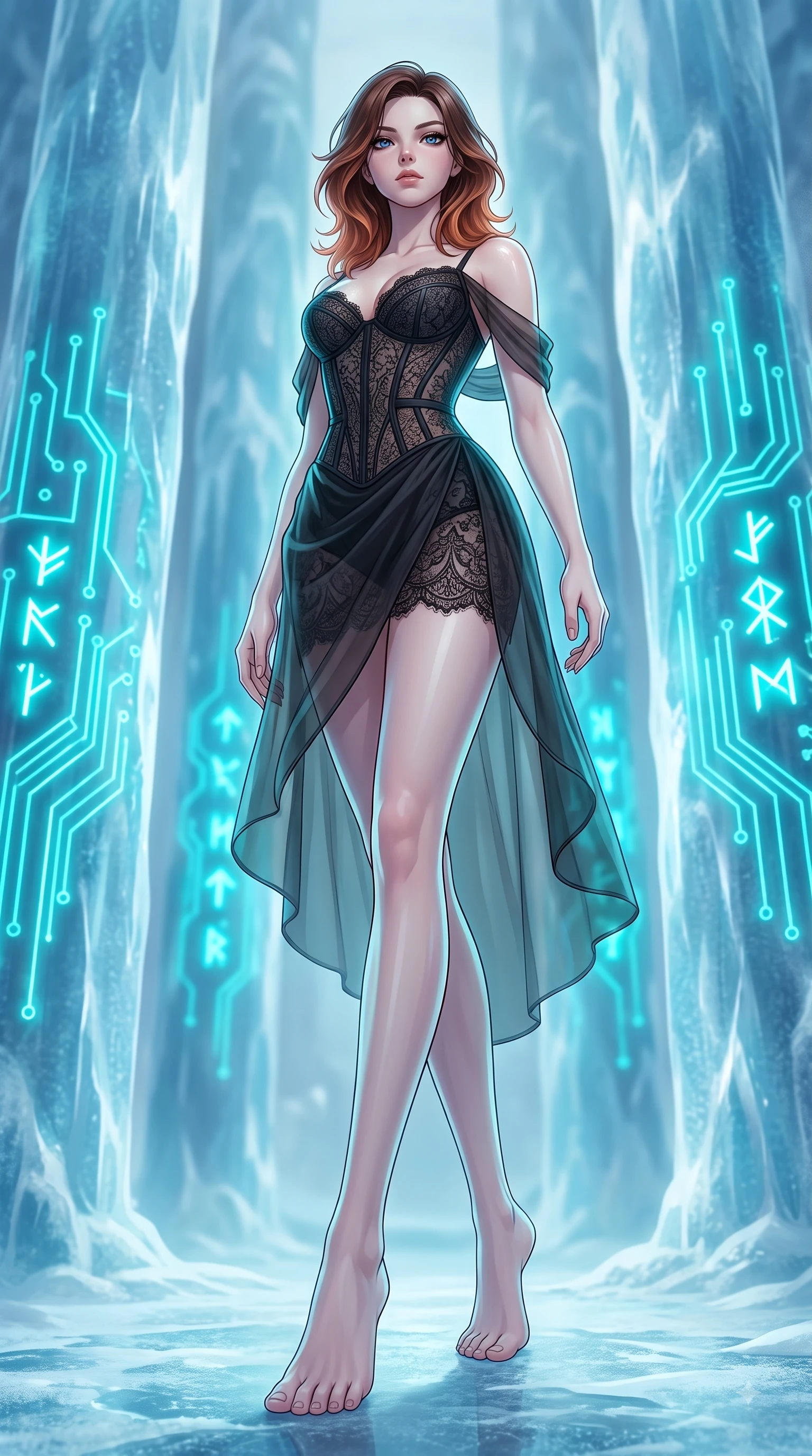 score_9, masterpiece, best quality, ultra-detailed, high-budget anime keyframe, editorial fashion photography, tasteful artistic composition, Korean woman woman. low angle full-body shot from head to toe showing her feet, filling the entire 9:16 vertical frame with her statuesque presence, stretching her vertical silhouette. She has an absolutely perfect, statuesque 8.5-heads proportion, an exceptionally tall and slender model-like female figure with impossibly long slender legs and an ultra-slim waist. stepping gracefully forward in a proud statuesque stride, her body turning in a fluid S-curve silhouette, flawlessly proportioned anatomical accuracy, natural body alignment, perfectly sculpted elegant limbs, clean dynamic posture without body distortion. set against a soft-focus background of frozen ice columns embedded with pulsing neon circuit boards. wearing a fine black lace corset dress with sheer organza drapes revealing a sculpted waistline. bathed in glowing cyan light radiating from sub-zero circuit runes with cool ambient backdrops. highly saturated vibrant anime colors, detailed shading with soft gradients, rich glossy textures, high-contrast stereoscopic depth, volumetric dynamic lighting, master piece, 9:16 ratio