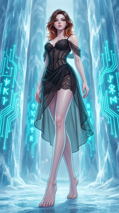 score_9, masterpiece, best quality, ultra-detailed, high-budget anime keyframe, editorial fashion photography, tasteful artistic composition, Korean woman woman. low angle full-body shot from head to toe showing her feet, filling the entire 9:16 vert