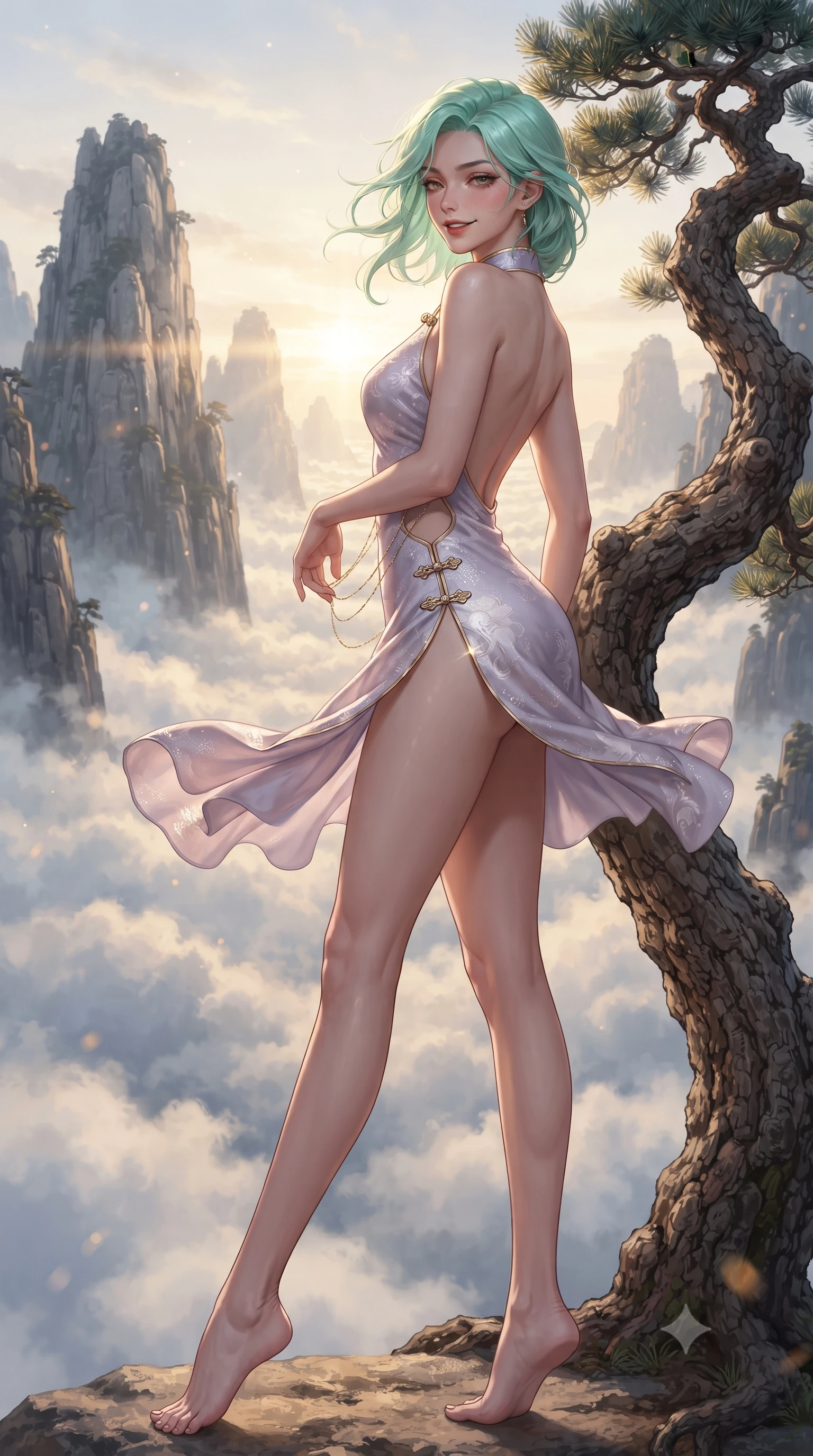 score_9, masterpiece, best quality, ultra-detailed, high-budget anime keyframe, editorial fashion photography, tasteful artistic composition, Japanese woman. low angle full-body shot from head to toe showing her feet, filling the entire 9:16 vertical frame with her statuesque presence, stretching her vertical silhouette. executing a graceful dancer pivot turn as her layered silk chima skirt flutters around her slender legs, glancing over her shoulder with an intoxicating bedroom-gaze while leaning against a gnarled ancient pine trunk with hips cocked back, looking over her shoulder with an alluring, wind-swept smile. The background shows a soft-focus towering jagged granite peaks piercing through endless rolling white cloud seas blurred into peach, ink-wash slate, and gold bokeh. She has an absolutely perfect, statuesque 8.5-heads proportion, an exceptionally tall and slender model-like female figure with impossibly long slender legs, an ultra-slim waist, a flat toned midriff, narrow delicate ribcage, and beautifully sculpted feminine hips creating a graceful, slim hourglass silhouette without any bulky heaviness. sharp v-shaped jawline, high-bridge nose, intricate jewel-like dark sparkling almond eyes with depth, thick lashes, glossy parted lips with a natural rose-plum sheen, bright alluring and coquettish smile with bedroom-eyes, exuding both timeless oriental elegance and sovereign high-fashion allure, flawlessly proportioned anatomical accuracy, strict slender model proportions, natural body alignment, perfectly sculpted long slender limbs, ultra-slim waistline, clean dynamic posture without body distortion. wearing a backless halter qipao mini dress with delicate frog-button closures and side waist cutouts framing her hourglass curves in frosted lilac mist and pearlescent alabaster, woven from metallic gold and silver thread casting subtle starlight glints, accented with a delicate gold body chain draping loosely across her flat midriff, the form-fitting tailored bodice adhering flawlessly to her sculpted flat midriff and slender torso, emphasizing her long leg lines and perfectly proportioned willowy build. bathed in glorious golden hour sunrise rays breaking over the vast sea of clouds. ultra-reflective glossy finish, specular highlights, rich textural contrasts, high-contrast stereoscopic depth, volumetric dynamic lighting, 2k, ultra detail, master piece, 9:16 ratio
