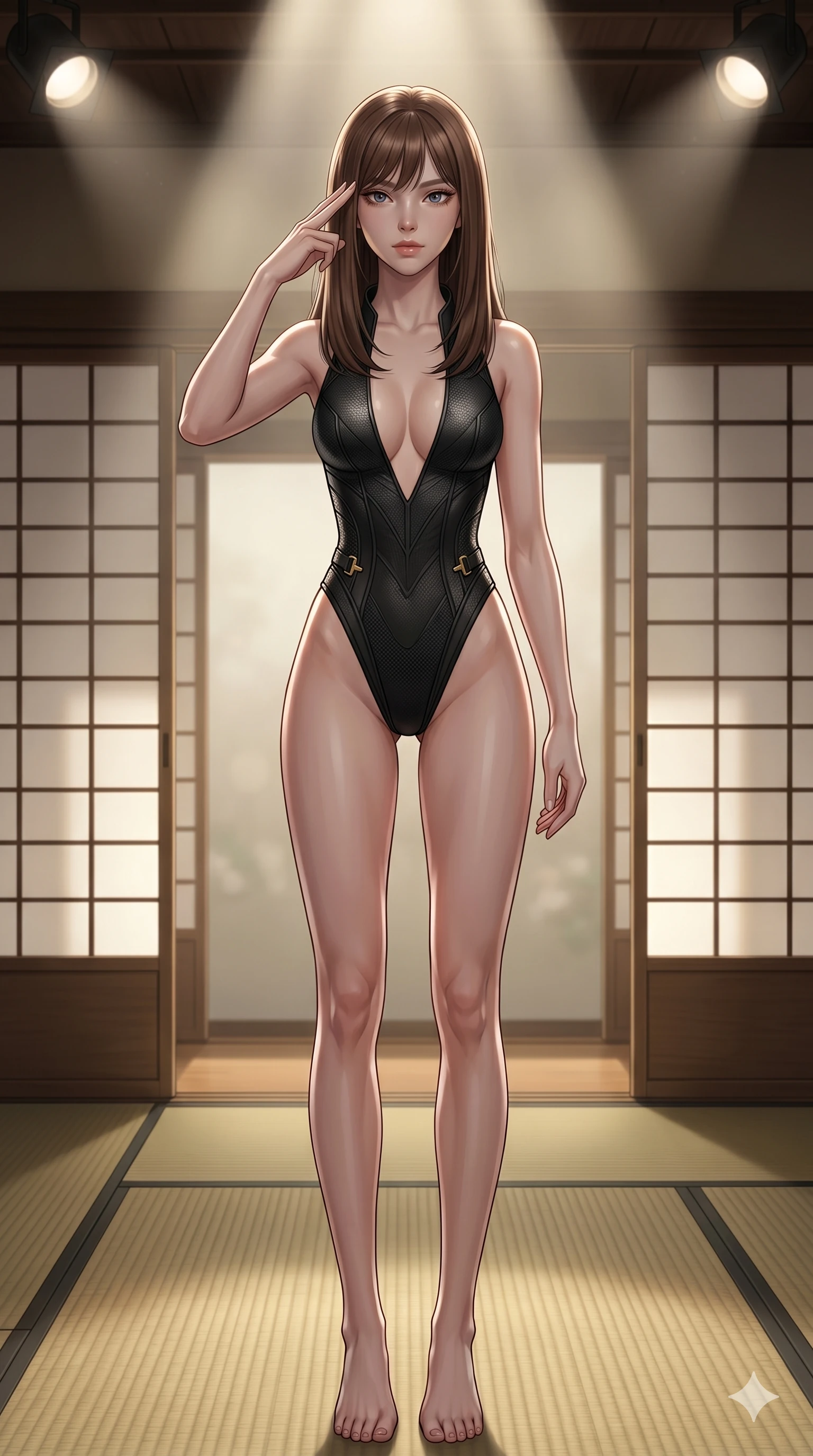 score_9, masterpiece, best quality, ultra-detailed, high-budget anime keyframe, editorial fashion photography, tasteful artistic composition, Korean woman. cowboy shot from the thighs up, character and outfit filling the frame for maximum editorial presence. pressing two fingers to her temple in a composed gesture, looking past the camera in a traditional Japanese tatami tea room with sliding paper screens (Code-P18-112). She has an absolutely perfect 8-heads proportion, an exceptionally tall and slender female figure with impossibly long slender legs and an ultra-slim waist. V-shaped jawline, high-bridge nose, intricate jewel-like eyes with depth, thick eyelashes, glossy lips with a natural sheen. wearing a skin-tight leotard with a plunging neckline and high-cut legs. dramatic theater spotlights from above, outlining her tall slender figure and waist. 2k, ultra detail, master piece, 9:16 ratio