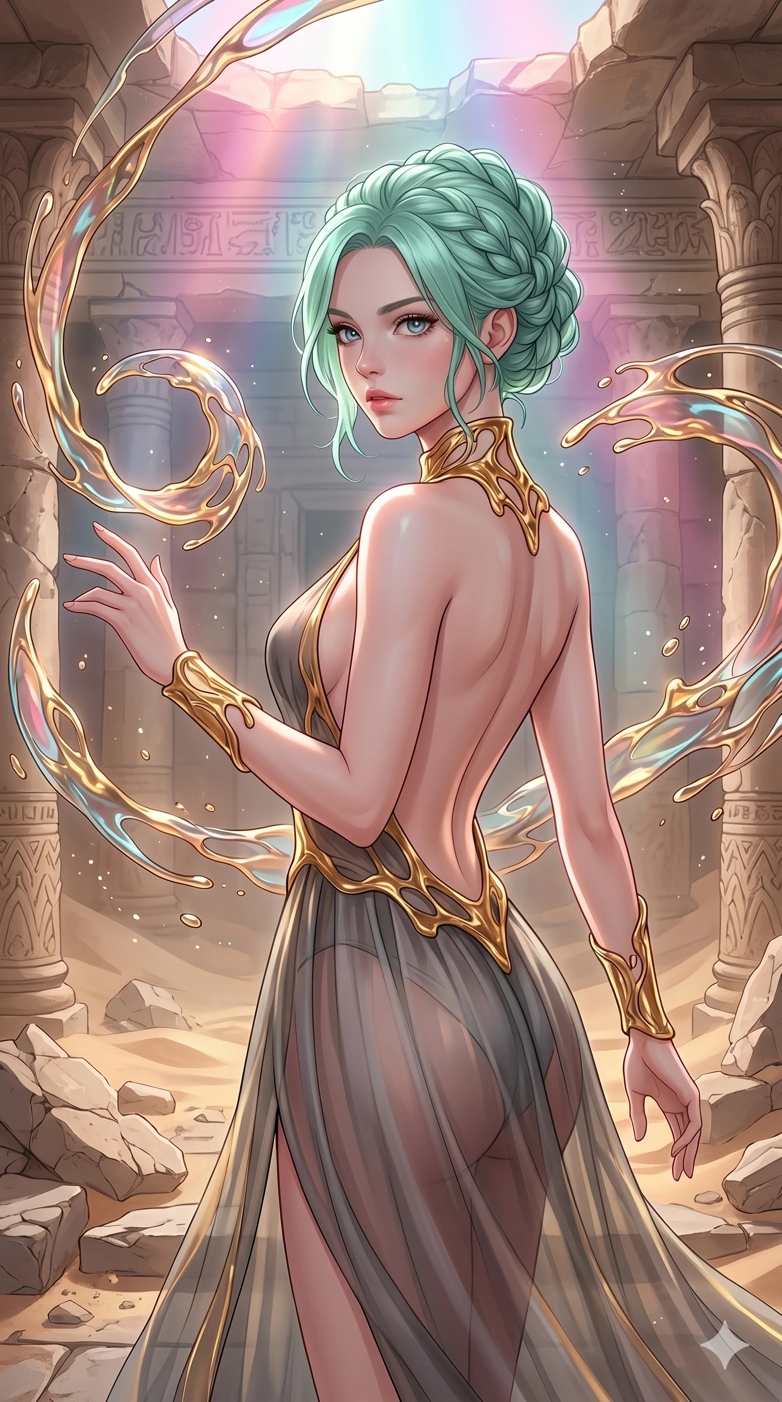 score_9, masterpiece, best quality, ultra-detailed, high-budget anime keyframe, Caucasian woman, strictly human ears. upper body close-up from the thighs up, character filling the screen for maximum presence. interacting with liquid stained-glass that melts and swirls in mid-air inside a crumbling desert ruin, the fluid jewelry floating in suspension. She has an absolutely perfect 8-heads proportion, an exceptionally tall and slender female figure with impossibly long slender legs and an ultra-slim waist. V-shaped jawline, high-bridge nose, intricate jewel-like eyes with depth, thick eyelashes, glossy lips with a natural sheen.. wearing a molten gold and chiffon gown, featuring organic liquid gold collar and cuffs on a translucent charcoal-gray halter neck chiffon gown with a deep backless design. enhanced by a luminous pastel spectrum glow, casting elegant rim lights on her shoulders and jawline. 2k, ultra detail, master piece, 9:16 ratio