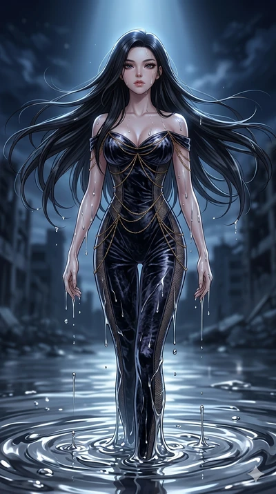 score_9, masterpiece, best quality, ultra-detailed, High-budget Anime Keyframe, East Asian woman. Dynamic full-body shot stretching the vertical silhouette to the limit. Scenario 164: Rising from a pool of mercury-like liquid, droplets rolling off he