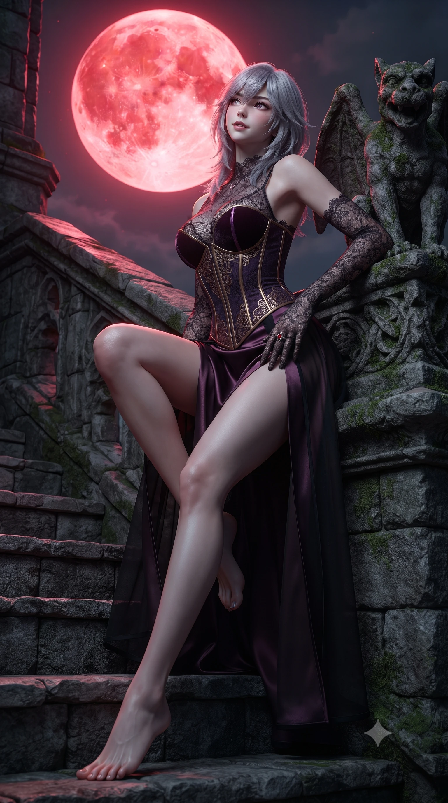 score_9, masterpiece, best quality, ultra-detailed, high-budget anime keyframe, editorial fashion photography, tasteful artistic composition, Japanese woman. low angle full-body shot from head to toe showing her feet, filling the entire 9:16 vertical frame with her statuesque presence, stretching her vertical silhouette. sitting poised on the stone steps with one knee bent, arching her spine with supermodel elegance as she glances upward through thick eyelashes while leaning against the carved stone gargoyle parapet with hips cocked back, looking back toward the giant crimson moon with bedroom-eyes. The surrounding environment is rendered in vivid detail and crisp panoramic clarity: detailed lace corset bodice texture, ruby ring gleam, and medieval fortification masonry in razor-sharp precision. She has an absolutely perfect, statuesque 8.5-heads proportion, an exceptionally tall and slender model-like female figure with impossibly long slender legs, an ultra-slim waist, a flat toned midriff, narrow delicate ribcage, and beautifully sculpted feminine hips creating a graceful, slim hourglass silhouette without any bulky heaviness. sharp v-shaped jawline, high-bridge nose, sparkling eyes with hypnotic seductive depth, thick curled eyelashes, glossy parted lips with a natural dewy peach sheen, alluring bedroom-eyes with an enchanting coquettish smile, exuding magnetic siren charisma and sophisticated glamour, flawlessly proportioned anatomical accuracy, strict slender model proportions, natural body alignment, perfectly sculpted long slender limbs, ultra-slim waistline, clean dynamic posture without body distortion. wearing a plunging sweetheart-neckline boned velvet underbust corset over a sheer spiderweb lace camisole and high-slit satin skirt in dark plum violet and gilded bronze with sheer obsidian overlays, tailored from fine structural neoprene with crisp architectural edges and smooth contouring, complemented by sheer opera-length lace evening gloves tracing her slender arms, the glove-like clinging cut tightly following the natural contour of her hips and long slender legs with youthful 8.5-heads elegance. bathed in otherworldly crimson lunar illumination cascading directly from the giant blood moon. ultra-reflective glossy finish, specular highlights, rich textural contrasts, high-contrast stereoscopic depth, volumetric dynamic lighting, 2k, ultra detail, master piece, 9:16 ratio