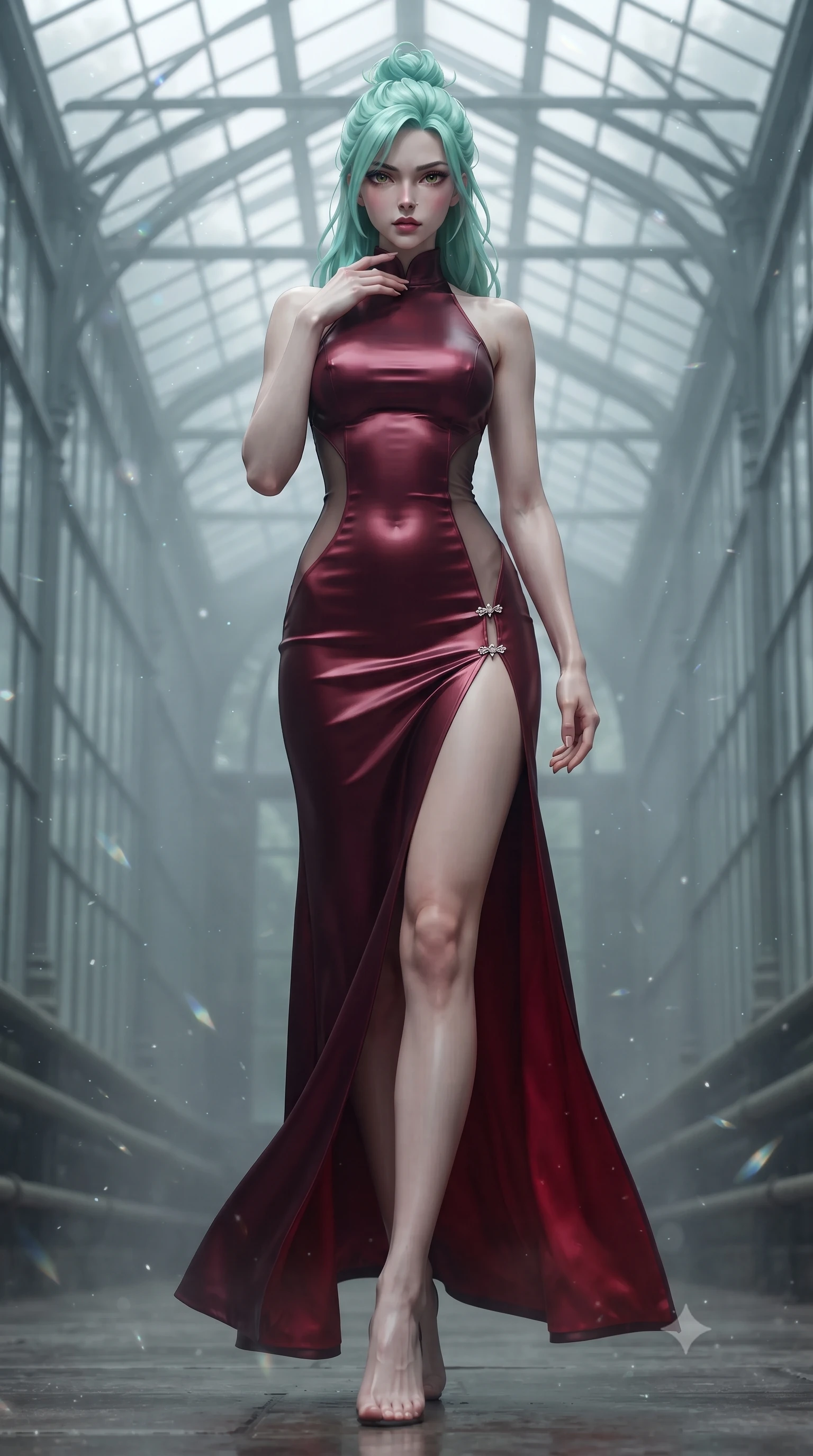 score_9, masterpiece, best quality, ultra-detailed, high-budget anime keyframe, editorial fashion photography, tasteful artistic composition, Japanese woman. low angle full-body shot from head to toe showing her feet, filling the entire 9:16 vertical frame with her statuesque presence, stretching her vertical silhouette. striding forward in a proud, dynamic supermodel runway stride, hips swaying in an alluring kinetic rhythm that stretches her silhouette while slipping through the misty glasshouse corridor with predatory grace, fingers lightly tracing her bare throat. The composition keeps background elements in soft focus with creamy bokeh. shimmering lunar prism refractions and floating dust motes scattering velvet light across the glasshouse. She has an absolutely perfect, statuesque 8.5-heads proportion, an exceptionally tall and slender model-like female figure with impossibly long slender legs, a toned flat midriff, and an ultra-slim waist. sharp v-shaped jawline, high-bridge nose, intricate jewel-like eyes with depth, thick eyelashes, glossy parted lips with a natural sheen, intensely captivating and seductive expression, flawlessly proportioned anatomical accuracy, strict slender model proportions, natural body alignment, perfectly sculpted long slender limbs, ultra-slim waistline, clean dynamic posture without body distortion. wearing a high-collar burgundy duchess satin gown with asymmetrical sheer side panels and thigh slit in midnight obsidian black and blood crimson, tailored from ultra-smooth duchess satin with a pearlescent sheen, finished with an ultra-high side slit secured by miniature jeweled clasps, the form-contouring material adhering flawlessly to her sculpted flat midriff and slender torso, emphasizing her long leg lines and perfectly proportioned willowy build. surrounded by a seductive, aristocratic, and dangerously alluring vampire queen aura. ultra-reflective glossy finish, specular highlights, rich textural contrasts, high-contrast stereoscopic depth, volumetric dynamic lighting, 2k, ultra detail, master piece, 9:16 ratio