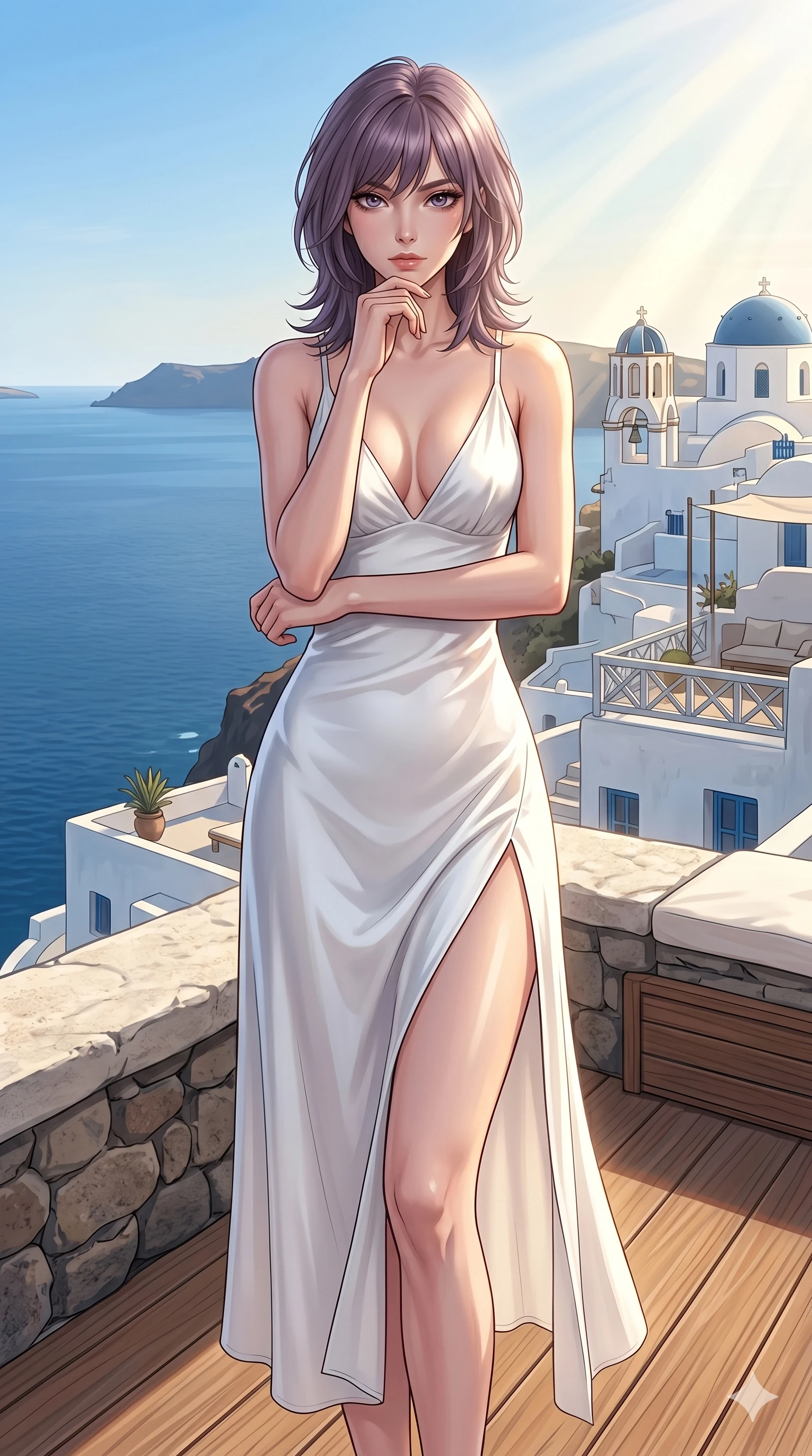 score_9, masterpiece, best quality, ultra-detailed, high-budget anime keyframe, editorial fashion photography, tasteful artistic composition, Japanese woman. cowboy shot from the thighs up, character and outfit filling the frame for maximum editorial presence. resting her chin on her fingers, looking directly into the lens with a piercing, mysterious gaze on a private teak sun-deck of a cliffside villa in Santorini, overlooking the calm Aegean sea (Code-P108). She has an absolutely perfect 8-heads proportion, an exceptionally tall and slender female figure with impossibly long slender legs and an ultra-slim waist. V-shaped jawline, high-bridge nose, intricate jewel-like eyes with depth, thick eyelashes, glossy lips with a natural sheen. wearing a pristine white silk slip dress with a plunging V-neckline and a high side slit to mid-thigh. drenched in brilliant afternoon sunshine, casting warm rays that trace the curves of her athletic figure. 2k, ultra detail, master piece, 9:16 ratio