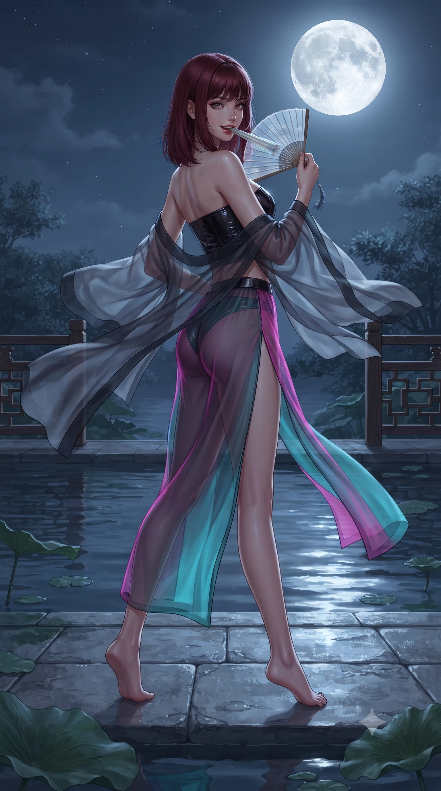 score_9, masterpiece, best quality, ultra-detailed, high-budget anime keyframe, editorial fashion photography, tasteful artistic composition, Caucasian woman. low angle full-body shot from head to toe showing her feet, filling the entire 9:16 vertical frame with her statuesque presence, stretching her vertical silhouette. executing a slow, graceful pivot turn as her skirt sways around her slender legs, glancing back with an enchanting, teasing sensual expression while twisting her slender torso in an alluring contrapposto stance, cool night breezes fluttering her sheer silk robe around her narrow waist and curvy hips. The surrounding environment is rendered in vivid detail and crisp panoramic clarity: sharp carved wood grain texture, water ripple reflections of the full moon, and crisp lotus leaf veins in deep focus. She has an absolutely perfect, statuesque 8.5-heads proportion, an exceptionally tall and slender model-like female figure with impossibly long slender legs, an ultra-slim waist, a flat toned midriff, narrow delicate ribcage, and beautifully sculpted feminine hips creating a graceful, slim hourglass silhouette without any bulky heaviness. sharp v-shaped jawline, high-bridge nose, sparkling eyes with hypnotic seductive depth, thick curled eyelashes, glossy parted lips with a natural dewy peach sheen, alluring bedroom-eyes with an enchanting coquettish smile, exuding magnetic siren charisma and sophisticated glamour, flawlessly proportioned anatomical accuracy, strict slender model proportions, natural body alignment, perfectly sculpted long slender limbs, ultra-slim waistline, clean dynamic posture without body distortion. wearing a strapless wet-look vinyl bustier paired with sheer chiffon high-slit trousers in dual-tone high-contrast neon monochrome, tailored from fine ribbed modal knit with gentle elastic contouring and soft hand-feel, finished with a transparent silk folding fan held gracefully near her glossy parted lips, the second-skin tailored fabric adhering flawlessly to her sculpted flat midriff and slender torso, emphasizing her long leg lines and perfectly proportioned willowy build. bathed in pure silver moonlight cascading directly from the harvest full moon above. ultra-reflective glossy finish, specular highlights, rich textural contrasts, high-contrast stereoscopic depth, volumetric dynamic lighting, 2k, ultra detail, master piece, 9:16 ratio