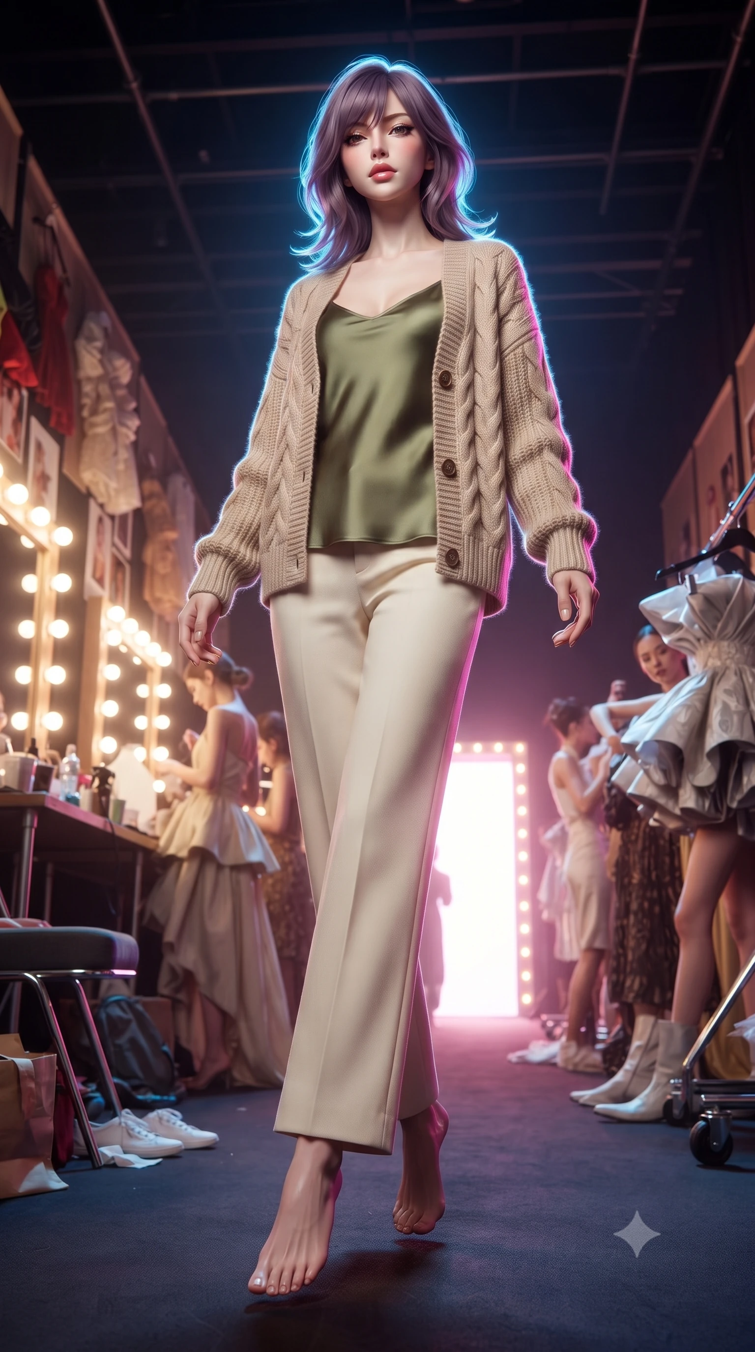 score_9, masterpiece, best quality, ultra-detailed, high-budget anime keyframe, editorial fashion photography, tasteful artistic composition, Japanese woman. low angle full-body shot from head to toe showing her feet, filling the entire 9:16 vertical frame with her statuesque presence, stretching her vertical silhouette. floating with ethereal lightness within the electrifying chaos backstage at a haute couture fashion show with Hollywood makeup mirrors surrounded by bulbs garment racks of extraordinary outfits models in final preparation and the runway entrance glowing ahead. She has a statuesque 8.5-heads proportion, an exceptionally tall, slender and willowy model-like build with impossibly long legs and a highly sculpted ultra-slim waist. sharp v-shaped jawline, high-bridge nose, intricate jewel-like eyes with depth, thick eyelashes, glossy lips with a natural sheen. wearing a cozy beige cable-knit cardigan over an olive green silk slip top and cream-colored wide-leg pants. brilliant cinematic volumetric lighting with intense neon rim light outlining her form. 2k, ultra detail, master piece, 9:16 ratio