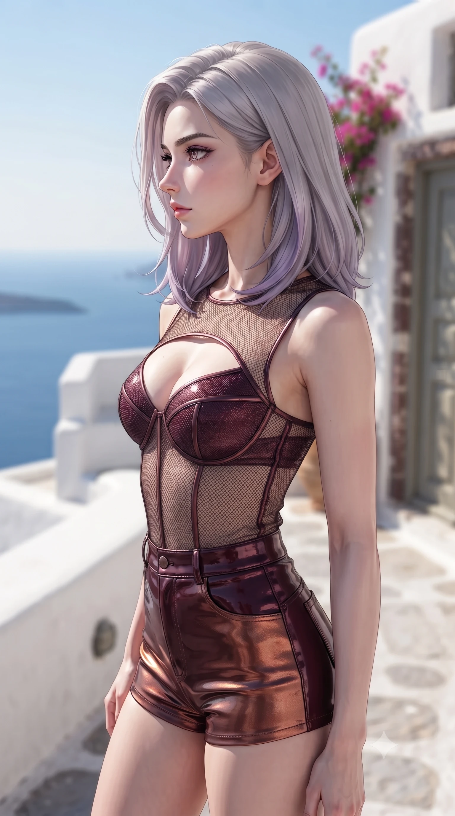 score_9, masterpiece, best quality, ultra-detailed, high-budget anime keyframe, editorial fashion photography, tasteful artistic composition, Caucasian woman. close-up cowboy shot from the waist and thighs up, the character dominates the composition, filling the frame with her large presence, background elements kept in soft focus. Turning her face in sharp dramatic profile against the bright light, showcasing her sharp v-shaped jawline standing on a whitewashed stone terrace overlooking the deep blue Aegean sea, intense Mediterranean sunlight reflecting off pristine white stone walls. She has an exceptionally elegant, slender, and willowy female figure with an ultra-slim waist, a gracefully sculpted slender torso, and a refined silhouette. sharp v-shaped jawline, high-bridge nose, intricate jewel-like eyes with depth, thick eyelashes, glossy lips with a natural sheen. wearing a delicate see-through mesh top with structured cup boning and micro-shorts in deep burgundy and bronze, tailored from high-gloss patent leather, accented with a Tasteful chest slit framing her clavicle gracefully, the elegant draped fit framing her graceful clavicle and slender torso. surrounded by a clear, sun-drenched atmosphere with crisp shadows. ultra-reflective glossy finish, specular highlights, metallic sheen, high-contrast stereoscopic depth, volumetric dynamic lighting, 2k, ultra detail, master piece, 9:16 ratio