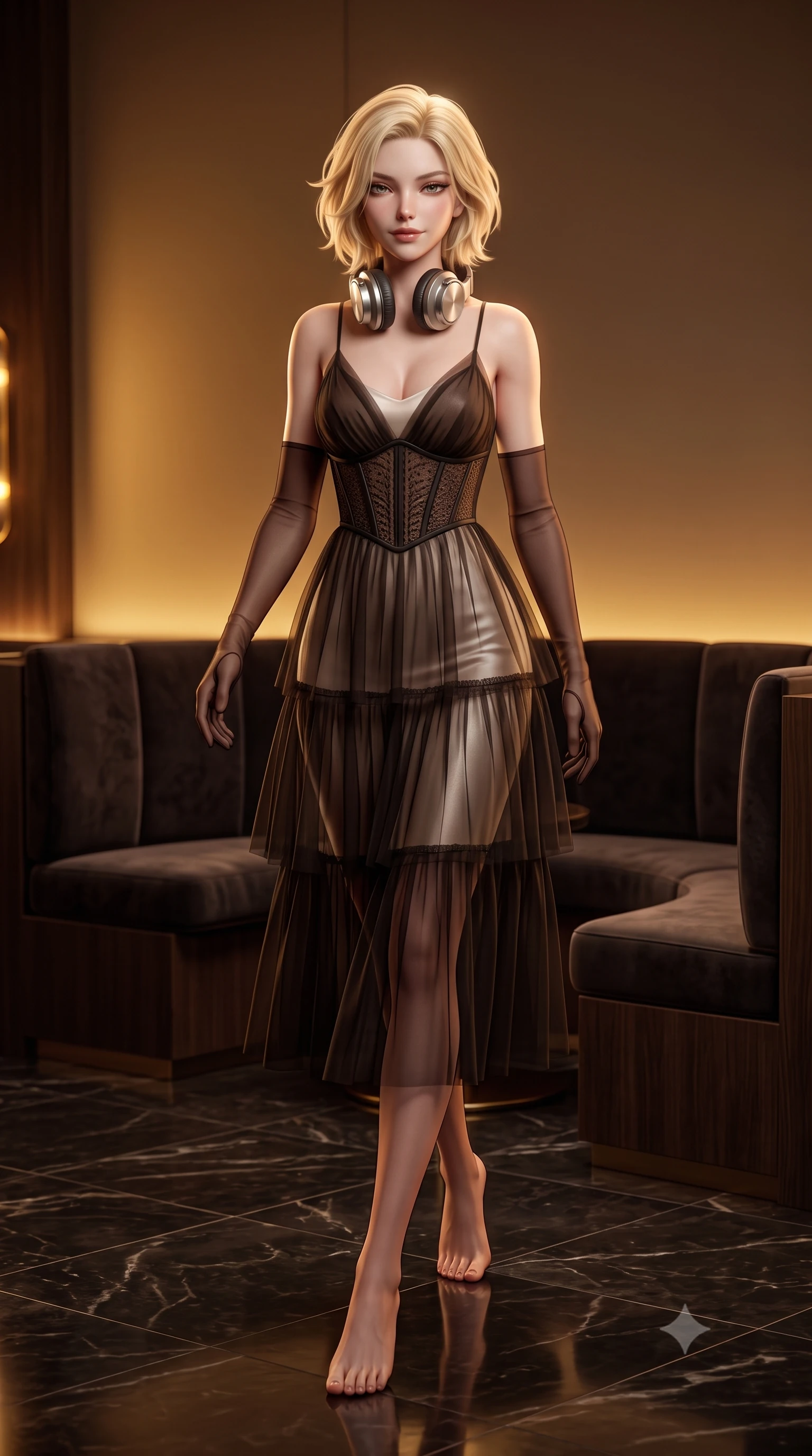 score_9, masterpiece, best quality, ultra-detailed, high-budget anime keyframe, semi-realistic 3D game render, editorial fashion photography, tasteful artistic composition, Caucasian woman. low angle full-body shot from head to toe showing her feet, filling the entire 9:16 vertical frame with her statuesque presence, stretching her vertical silhouette. striding forward gracefully across the reflective floor with sovereign supermodel poise, hips swaying in an alluring kinetic rhythm that accentuates her curvy hourglass silhouette and long slender legs while sitting nestled in a dark velvet curved booth with vintage oversized headphones resting on her neck, arching her back with a tantalizing smoldering smile. The surrounding environment is rendered in vivid detail and crisp panoramic clarity. detailed fabric weave, headphone metallic finish, and contemporary Hannam-dong listening lounge architecture in high clarity. She has an exceptionally tall and slender model-like 8.5-heads proportion, an ultra-slim waist, a flat toned midriff, narrow delicate ribcage, and beautifully sculpted feminine hips creating a graceful, slim hourglass silhouette without any bulky heaviness, with impossibly long slender legs. sharp v-shaped jawline, high-bridge nose, intricate jewel-like dark sparkling eyes with dangerous depth, thick curled eyelashes, glossy parted lips with a rich wine sheen, smoldering seductive half-smile with bedroom-eyes, exuding effortless superiority and intoxicating dark allure, flawlessly proportioned anatomical accuracy, strict slender model proportions, natural body alignment, perfectly sculpted long slender limbs, ultra-slim waistline, clean dynamic posture without body distortion. wearing a tiered semi-sheer black tulle and silk slip dress with an ultra-slim corseted waist and bare shoulders in dark espresso brown and pearlescent ivory, made of liquid-tight stretch jersey emphasizing every curve of her body, complemented by sheer dark opera gloves reaching past her elbows, the liquid-tight tailored fabric clinging flawlessly to her narrow waist and rounded feminine hips, emphasizing every millimeter of her sculpted slim hourglass curves without any bulky heaviness. bathed in moody warm tube amplifier amber glow and dark walnut ambient bounce. highly saturated vibrant anime colors, detailed shading with soft gradients, rich glossy textures, high-contrast stereoscopic depth, volumetric dynamic lighting, master piece, 9:16 ratio