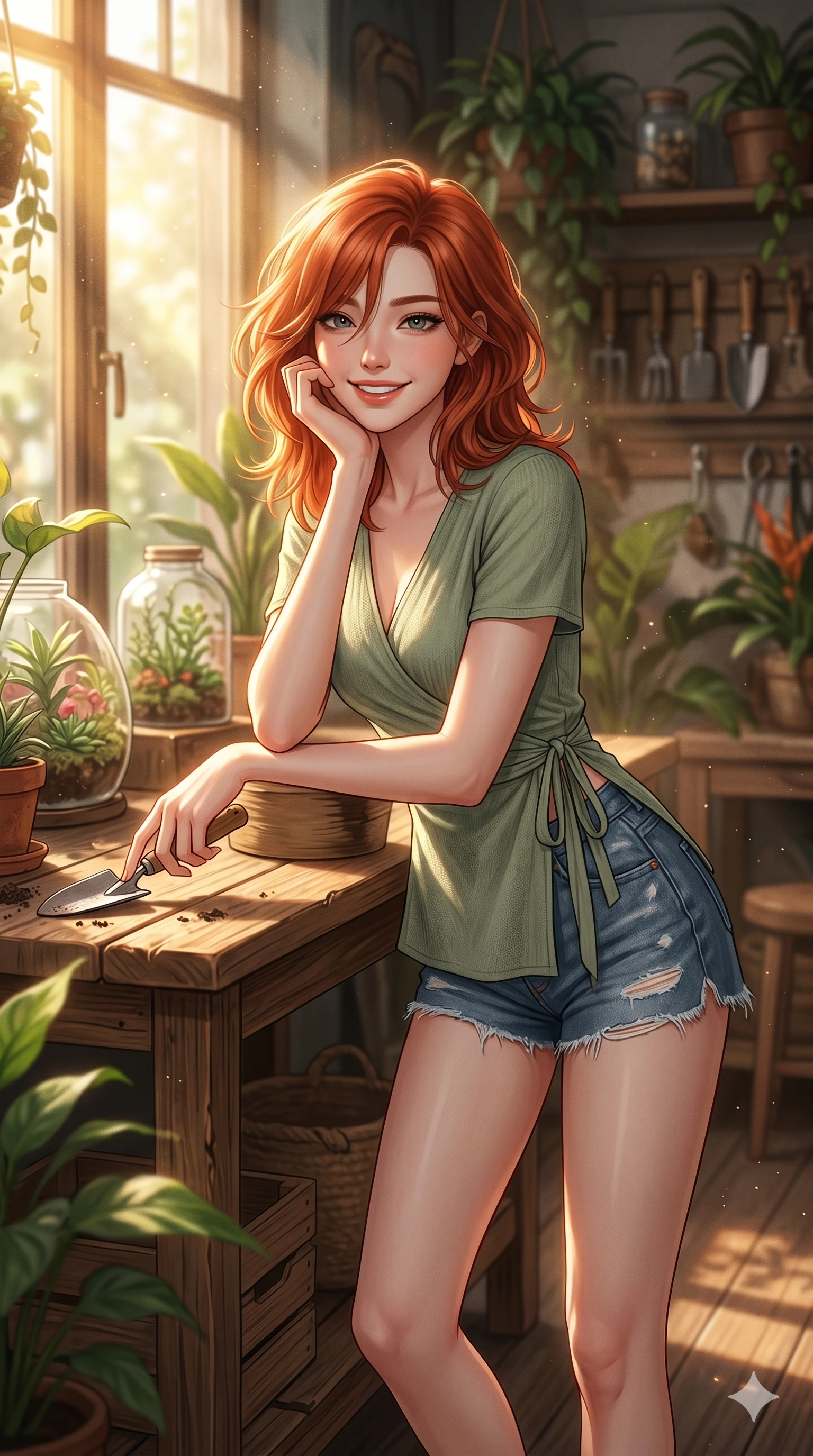 score_9, masterpiece, best quality, ultra-detailed, high-budget anime keyframe, editorial fashion photography, tasteful artistic composition, Korean woman. cowboy shot from the thighs up, character and outfit filling the frame for maximum editorial presence. resting her chin on her hand, looking forward with a warm, radiant smile leaning on a wooden work table in a botanical garden shop. She has an absolutely perfect 8-heads proportion, an exceptionally tall and slender female figure with impossibly long slender legs and an ultra-slim waist. V-shaped jawline, high-bridge nose, intricate jewel-like eyes with depth, thick eyelashes, glossy lips with a natural sheen. wearing a sage green wrap top with a tasteful side slit and denim shorts. bathed in golden morning sunbeams filtering through the shop window. 2k, ultra detail, master piece, 9:16 ratio