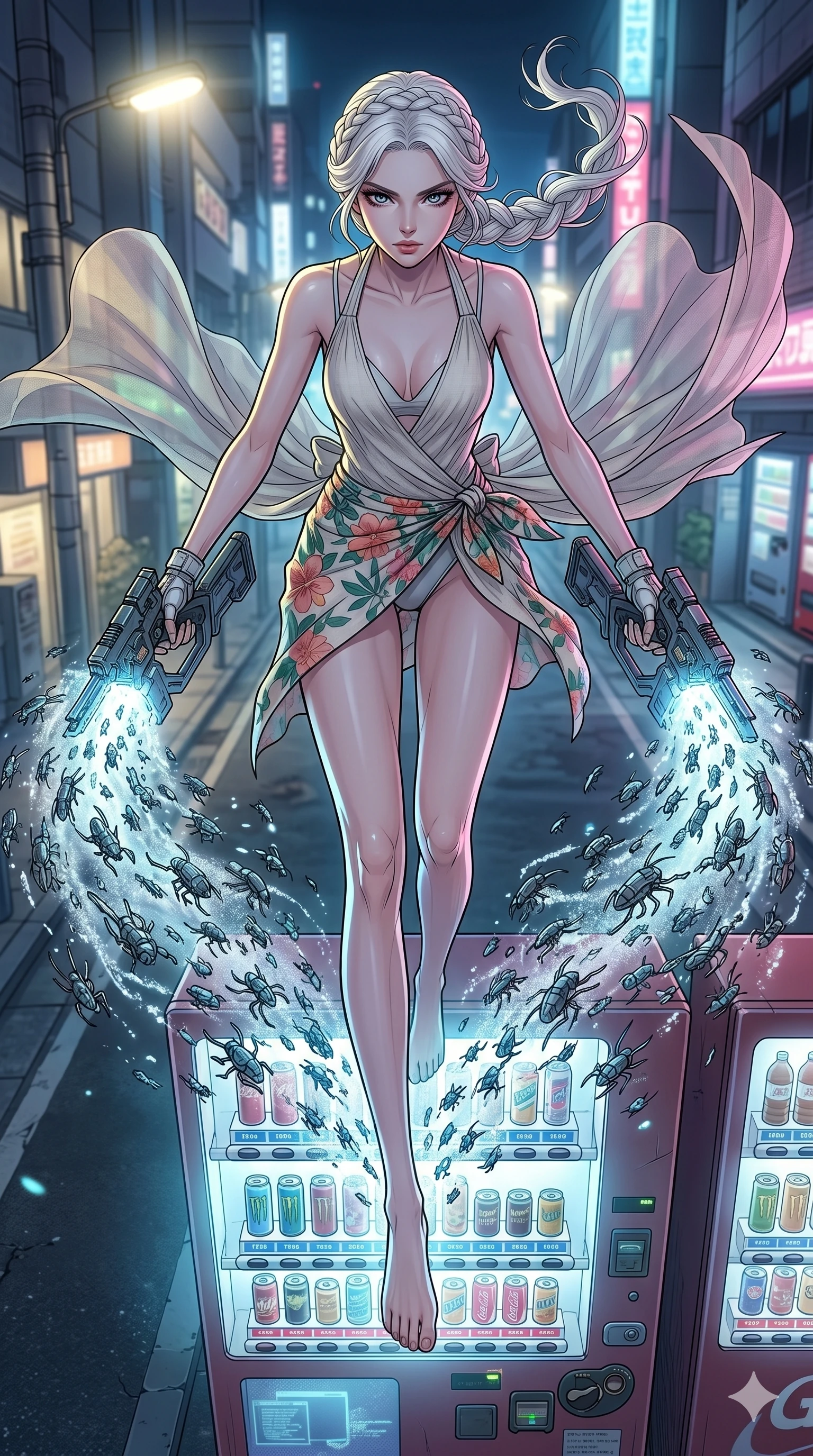 score_9, masterpiece, best quality, ultra-detailed, high-budget anime movie keyframe, cinematic anime lighting, intricate line art, Japanese anime girl. Extreme high angle shot as she leaps towards the camera, filling the frame. hacking a vending machine to release a swarm of hacking-bugs. She has an absolutely perfect 8-heads proportion, an exceptionally tall and slender female figure with an ultra-slim waist and impossibly long slender legs. strictly human anatomy, two legs only, no extra limbs, clearly defined legs and arms, perfect anatomy, perfect hands and fingers. sharp v-shaped jawline, high-bridge nose, intricate jewel-like eyes, thick eyelashes, glossy lips. Wearing Seasonal/Resort: High-cut one-piece with sarong, linen sundress with tie-back, and sheer fabric wrap. The scene is illuminated by dramatic atmospheric lighting and vibrant color palettes. , 2k, ultra detail, master piece, 9:16 ratio